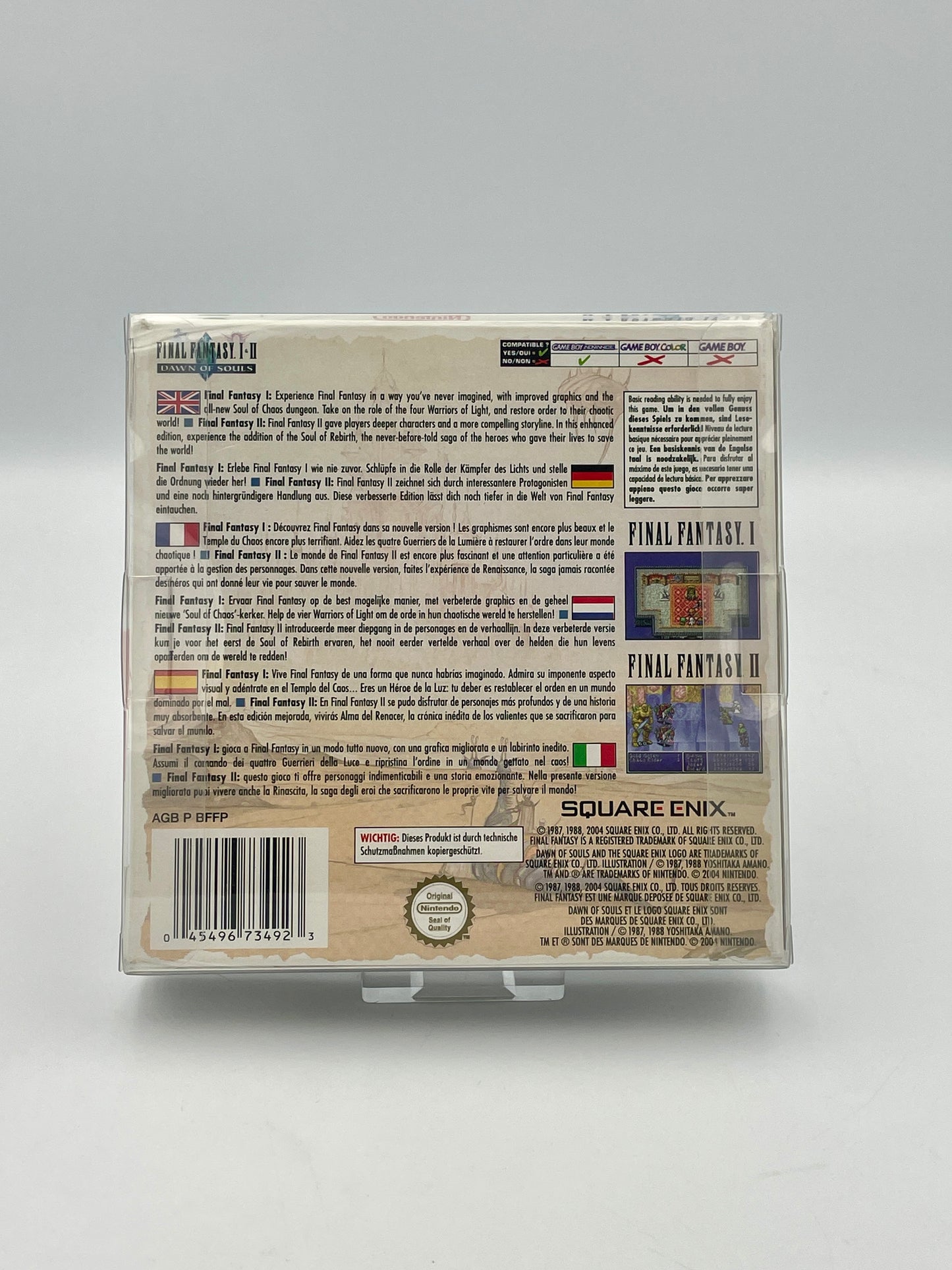 Back of a video game case with text and logos on a white background