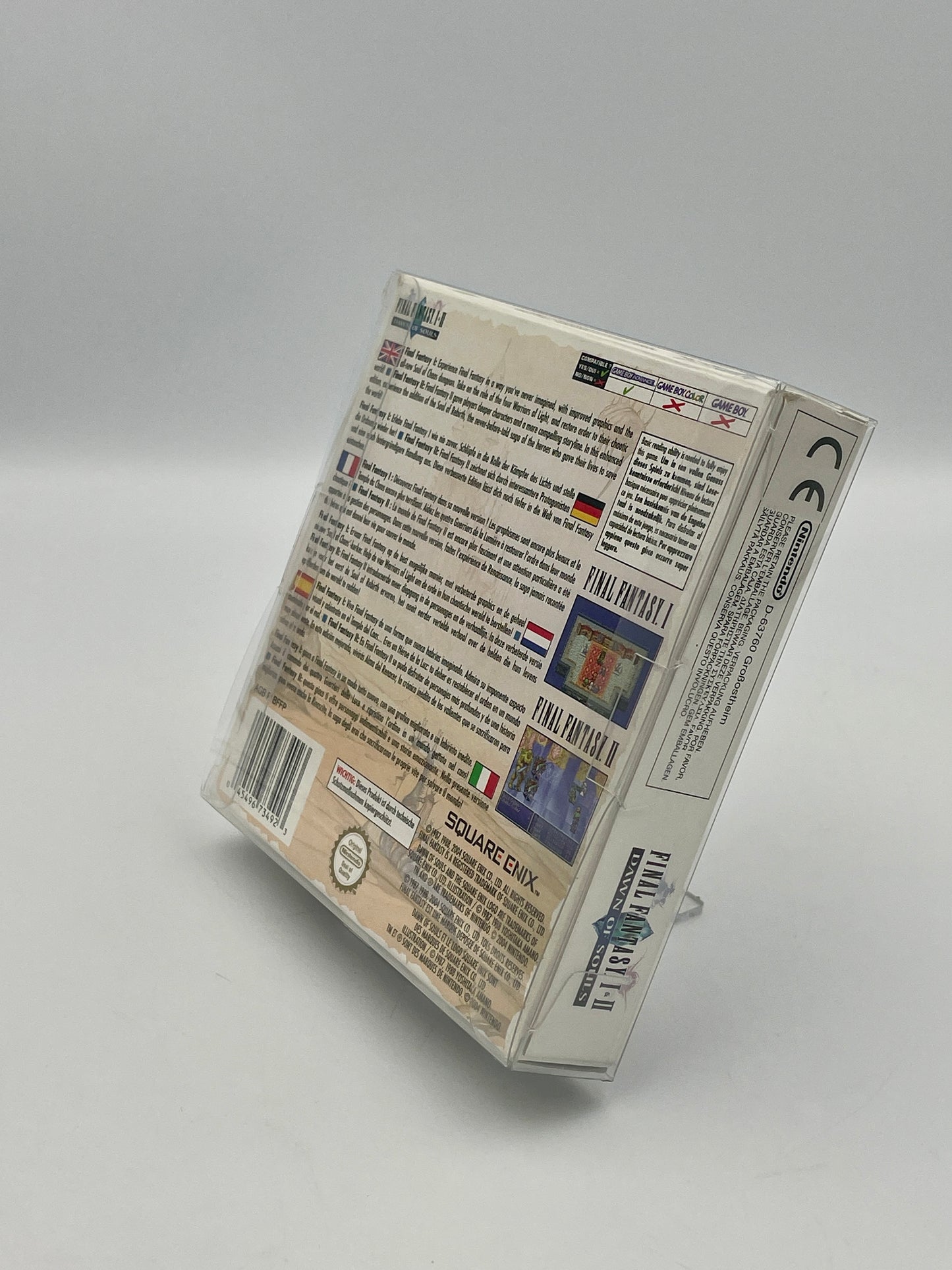 Back of a game case with text and graphics on a gray background