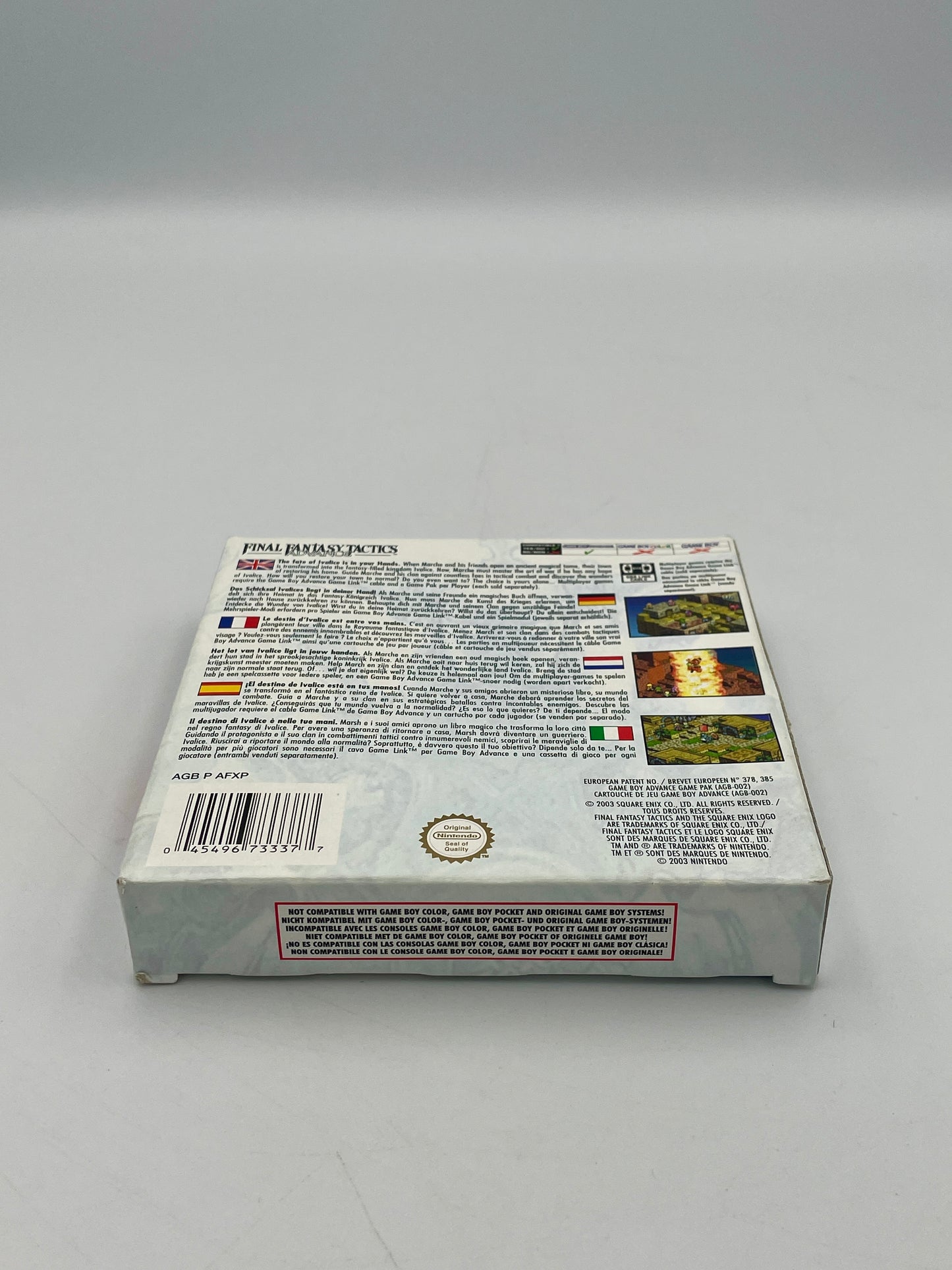 Product packaging with text and images on a gray background