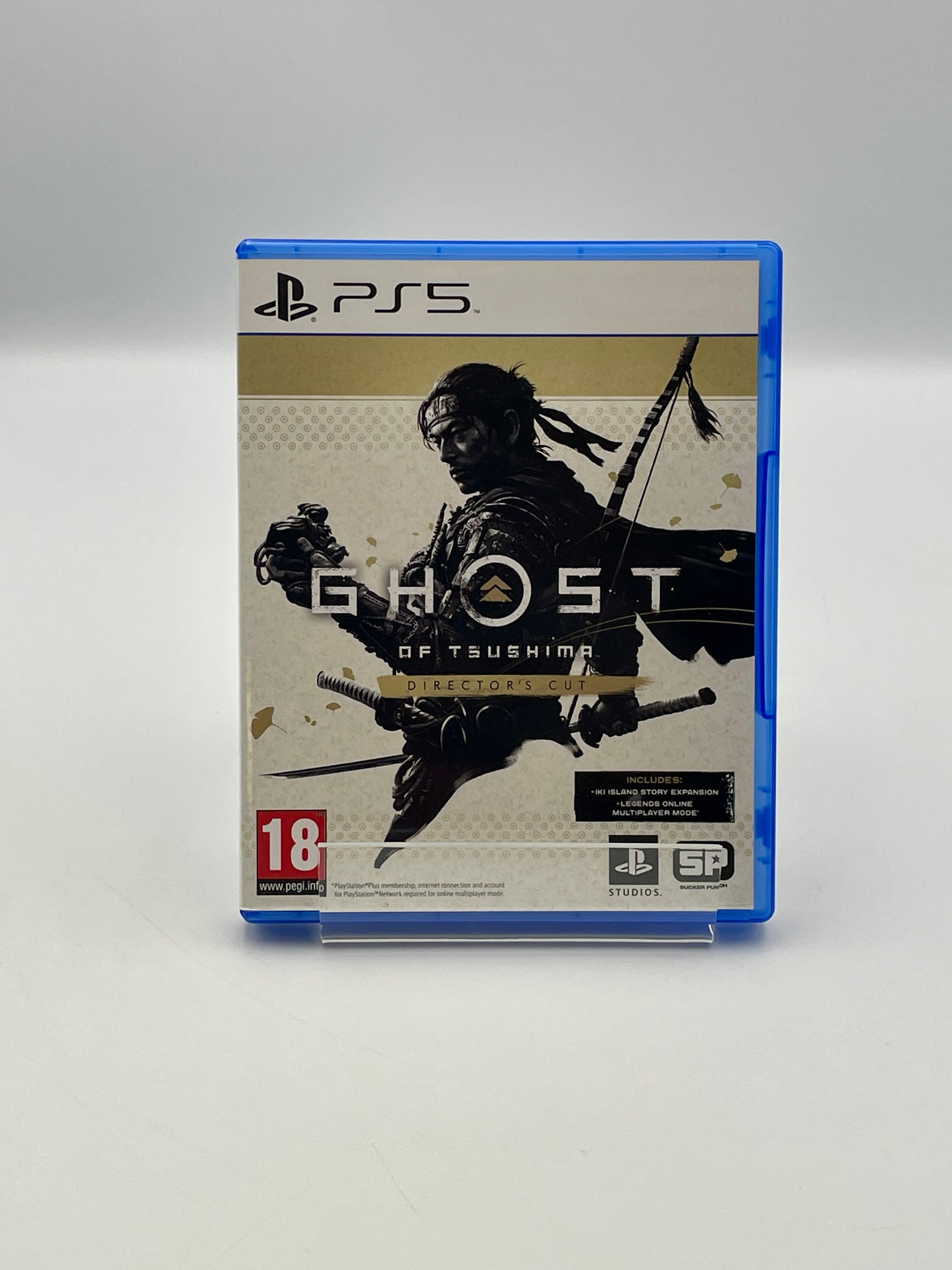 PlayStation 5 game case for 'Ghost of Tsushima' on a white background