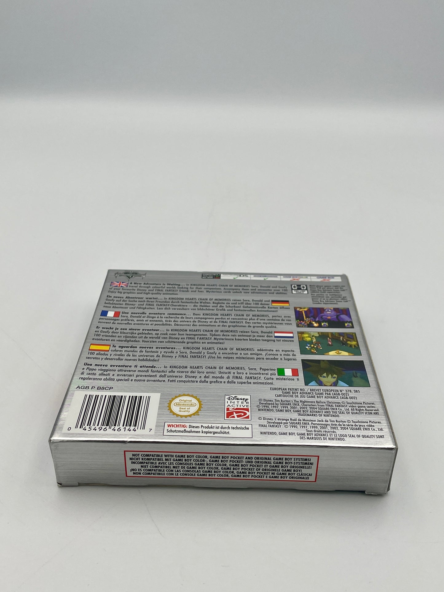 Back view of a video game case with text and graphics on a gray background