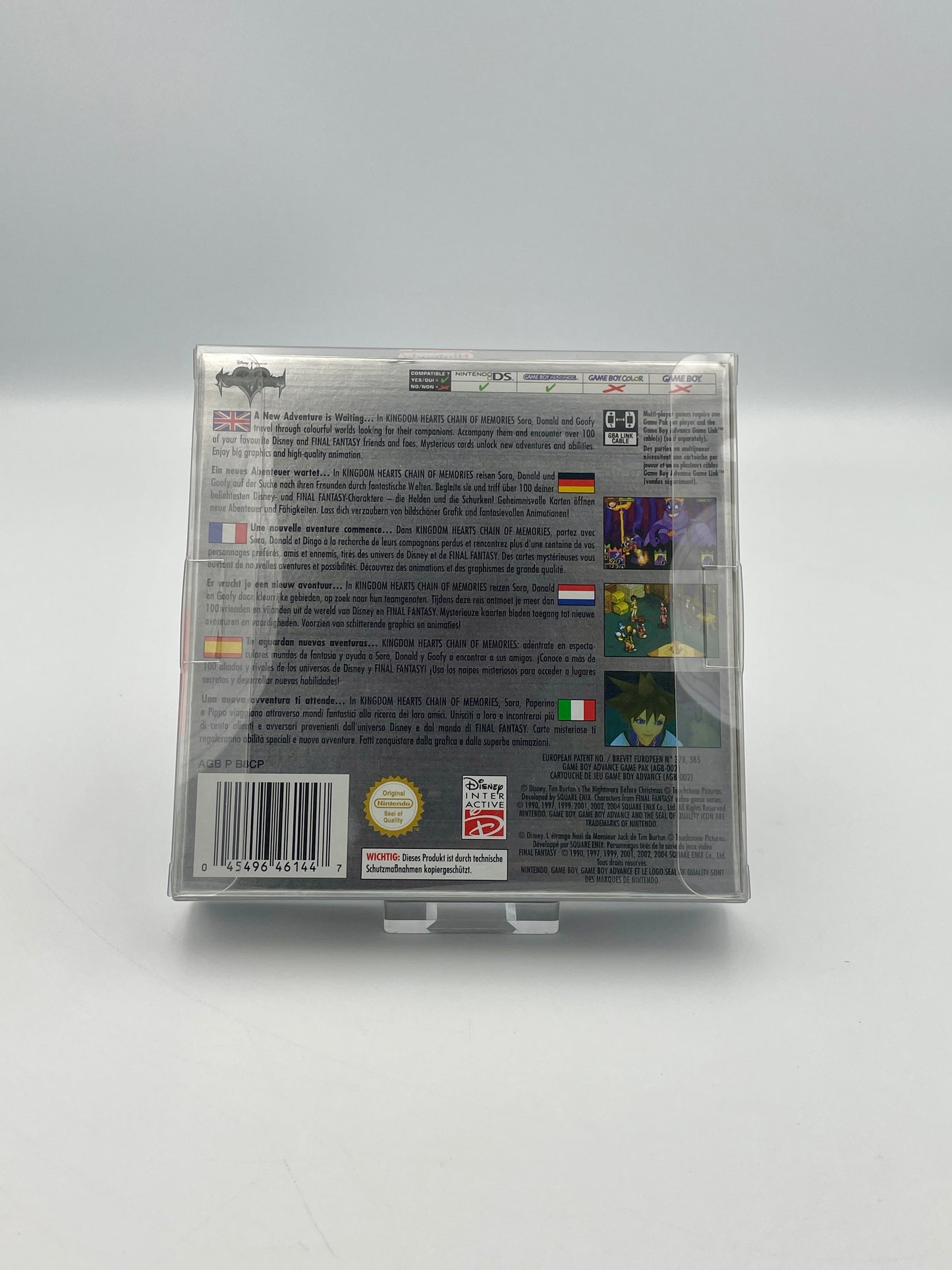 Back view of a Game Boy Advance game case with text and graphics on a white background