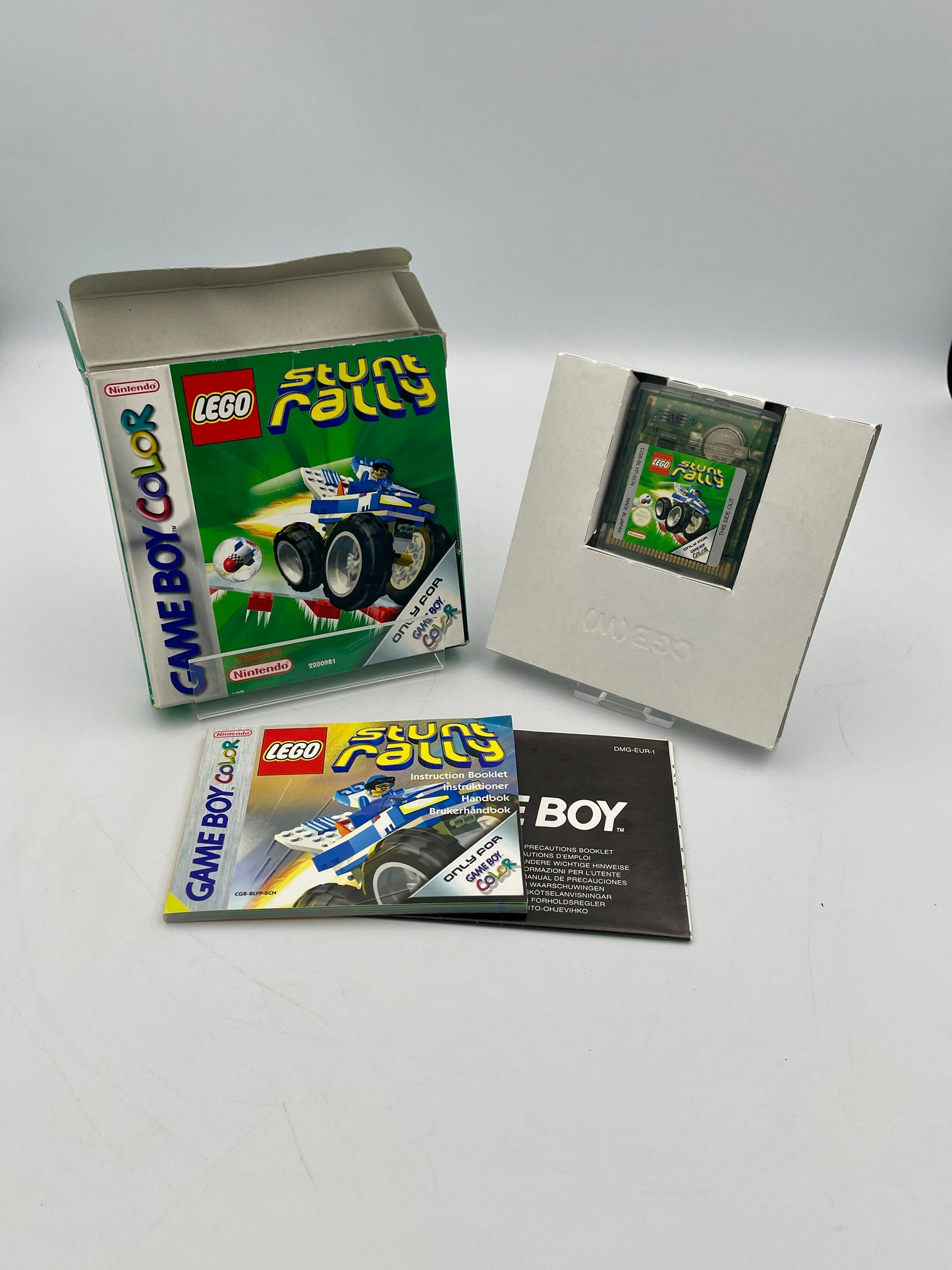 LEGO Stunt Rally Game Boy Color game case and cartridge on a white background