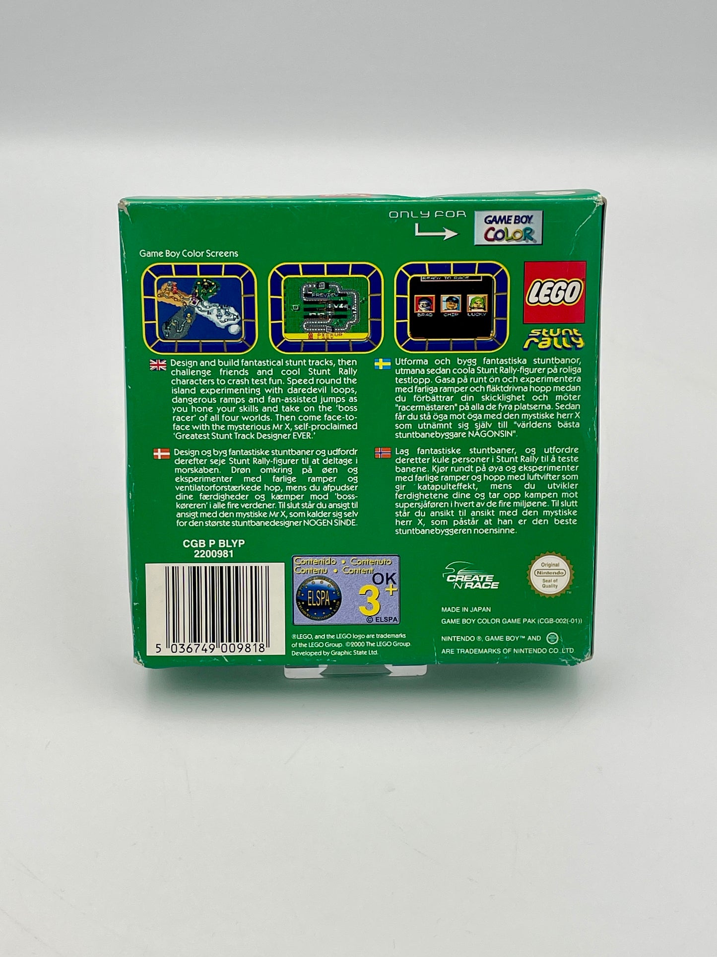 Back view of a green LEGO Game Boy packaging with text and graphics.