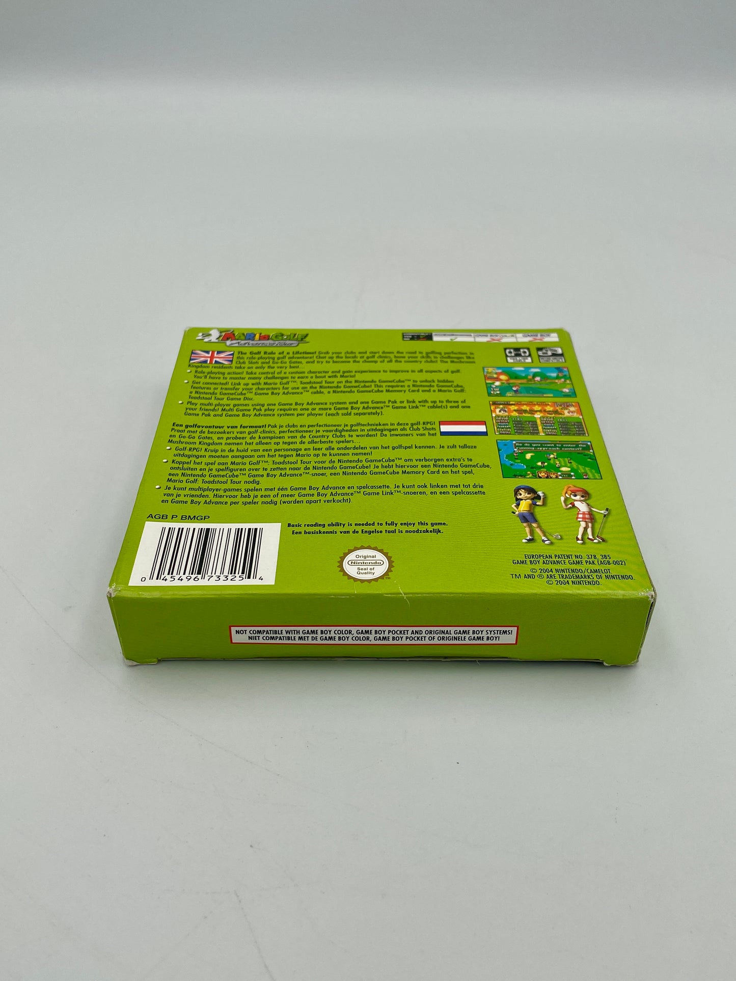 Green box with text and a barcode on a gray background