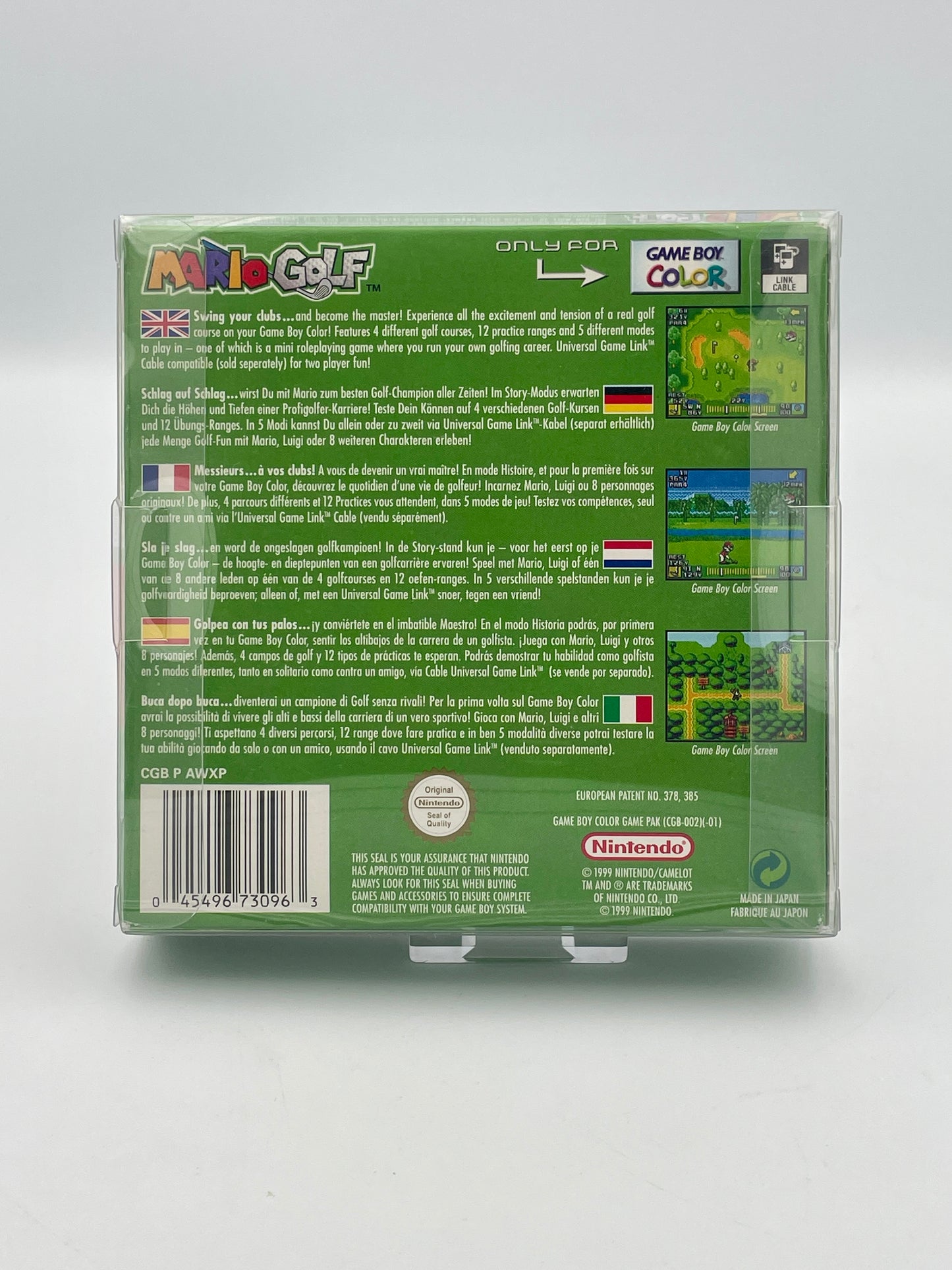 Back view of a Mario Golf game cartridge packaging on a white background