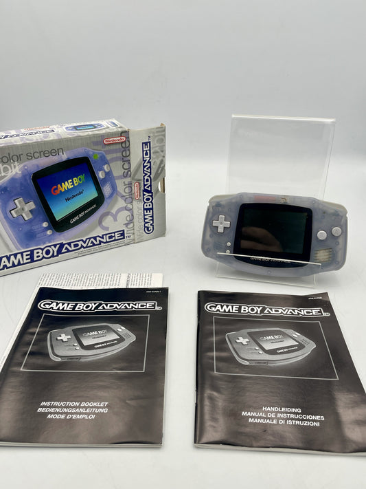 Game Boy Advance console with manuals and box on a white background
