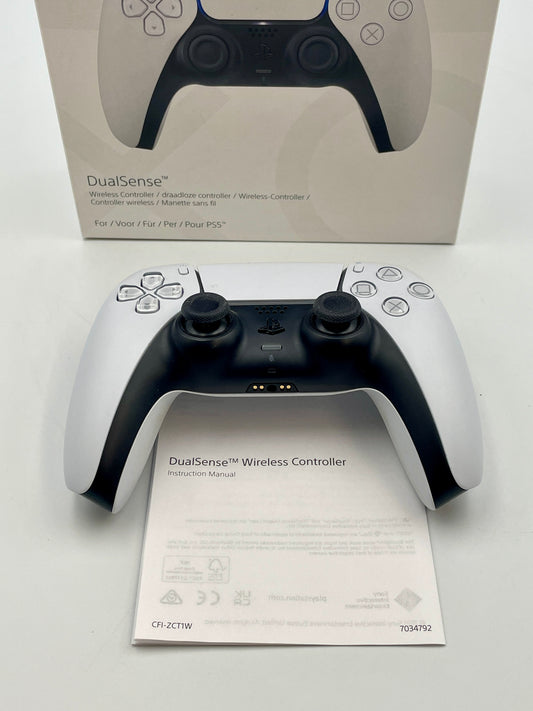 White gaming controller with black accents on a white background, featuring the DualSense branding.
