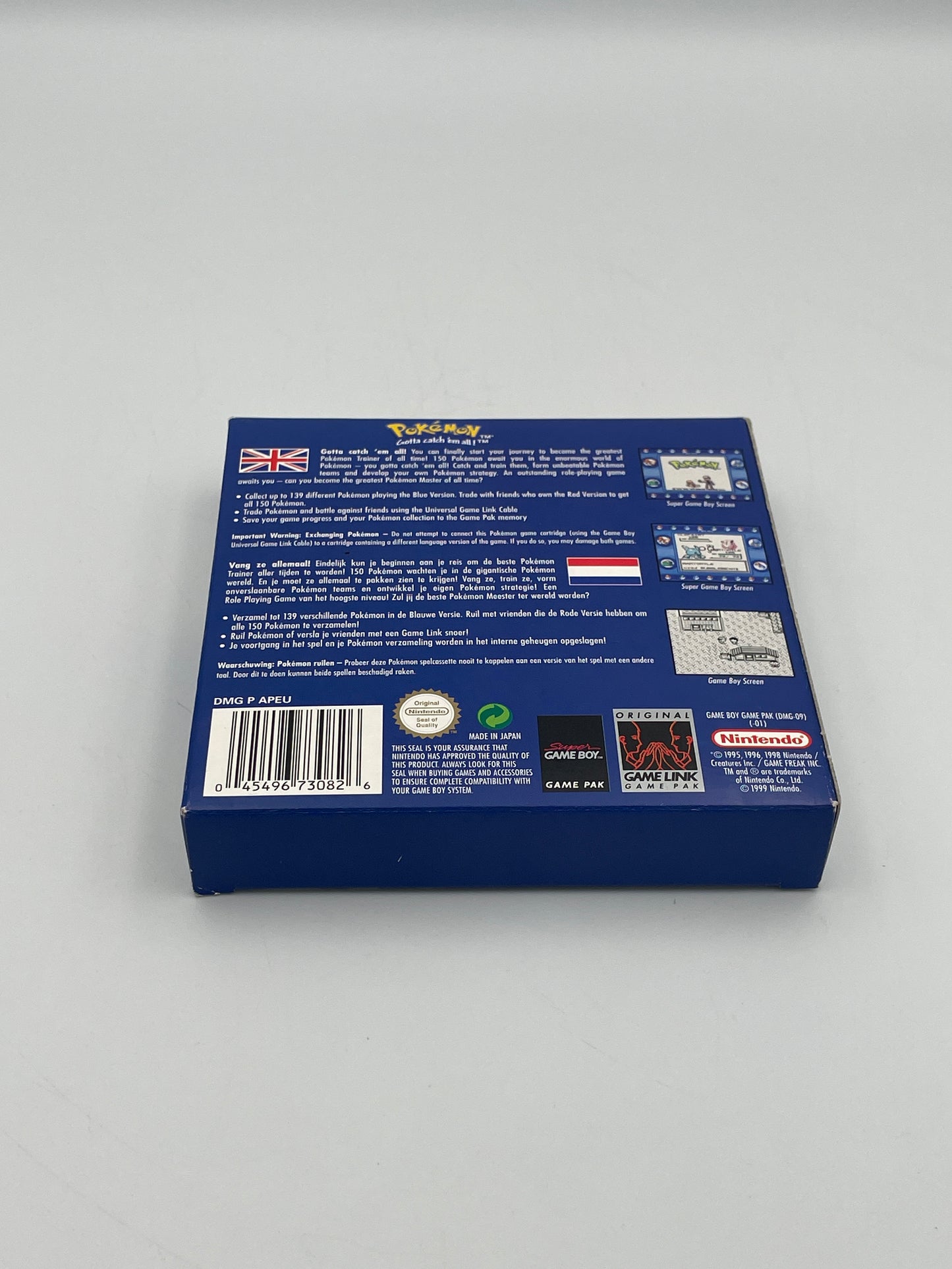 Blue box with text and a barcode on a gray background