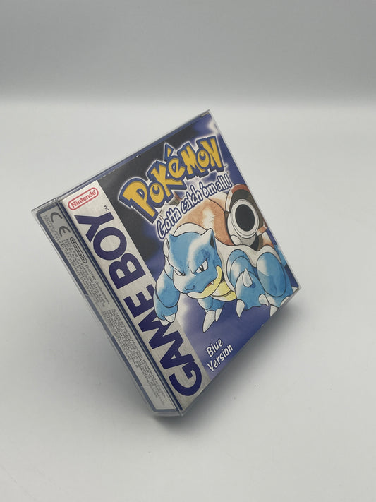Game Boy packaging with a blue and white design on a gray background
