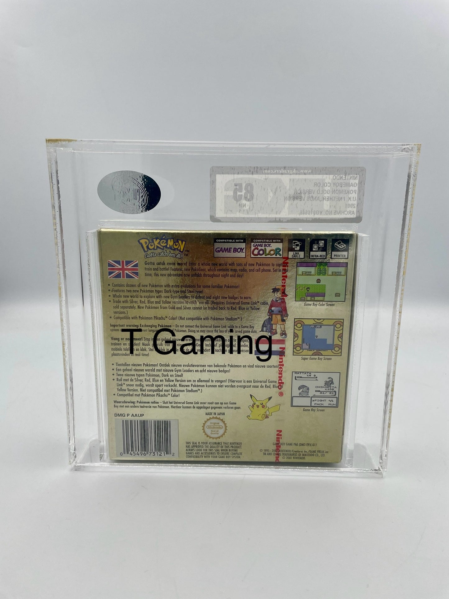 Pokémon trading card in a clear protective case on a white background
