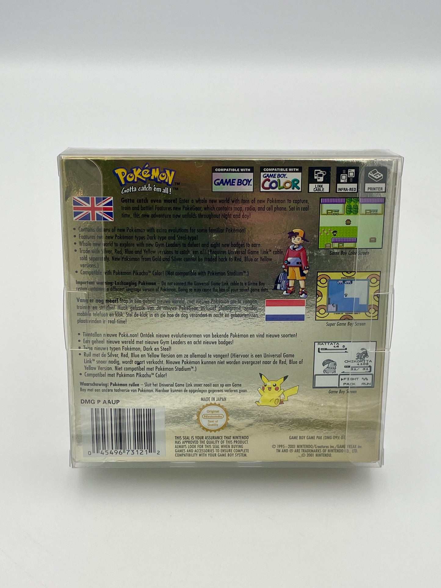 Back of a Pokémon Game Boy Color game cartridge packaging with text and graphics.