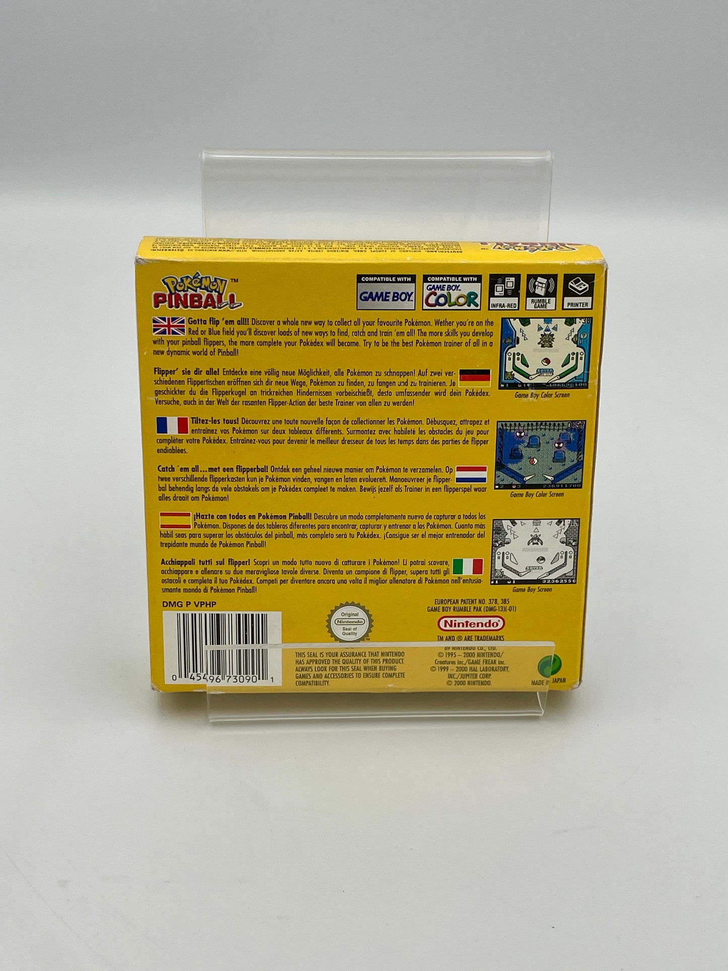 Back view of a yellow Game Boy Color game case with text and graphics on a white background