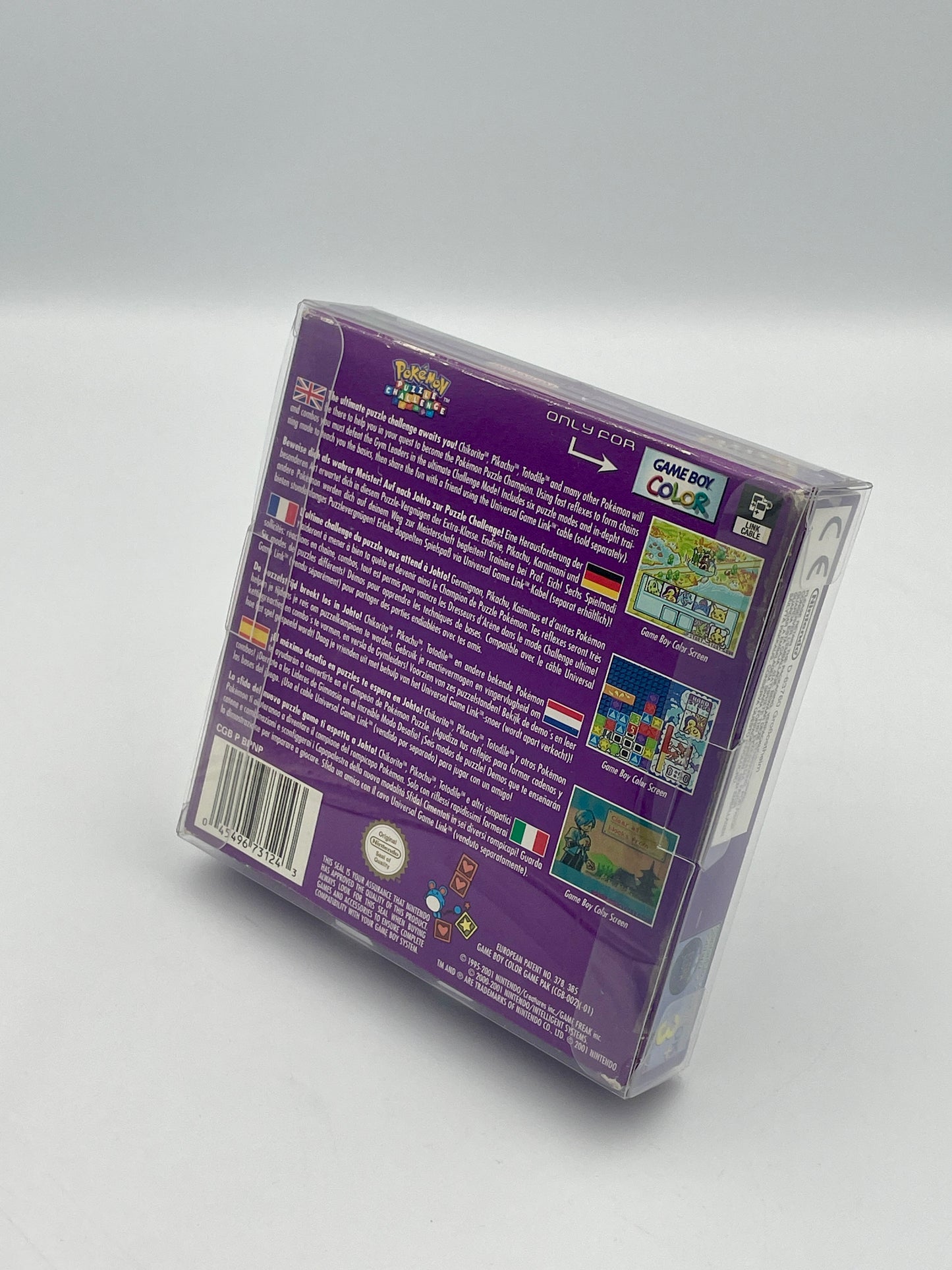Back view of a purple game case with text and graphics on a white background