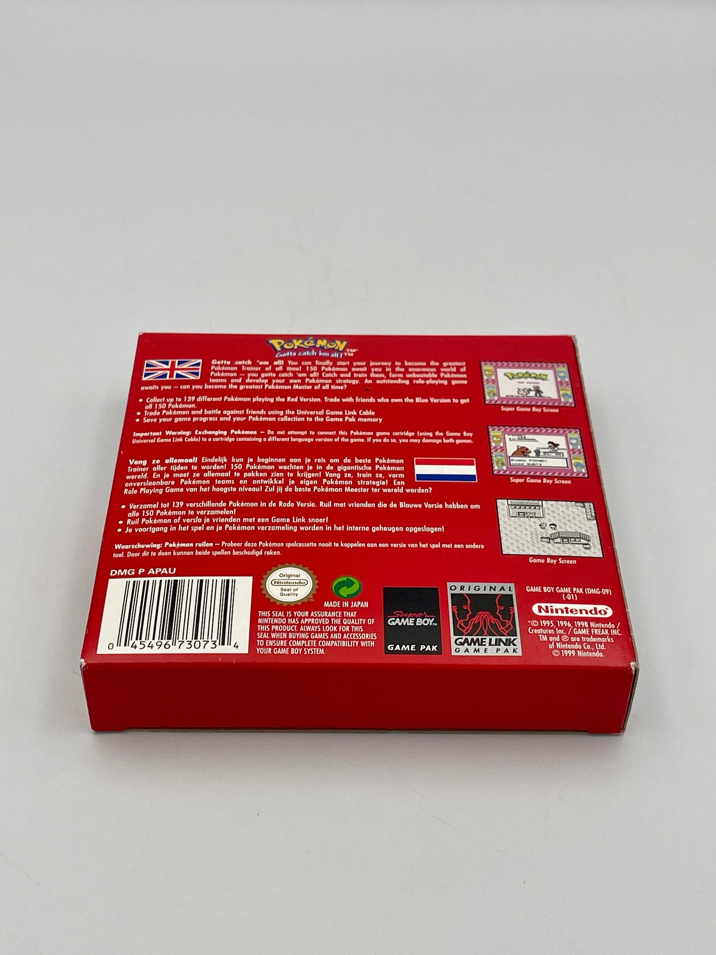 Red Game Boy Advance SP case with text and logos on a gray background