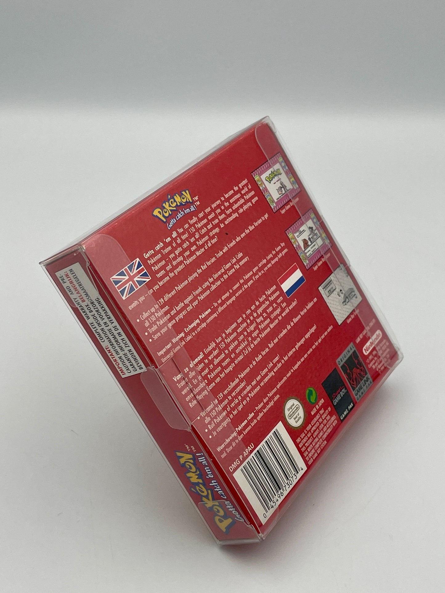 Back of a red trading card game box with text and small images on a white background