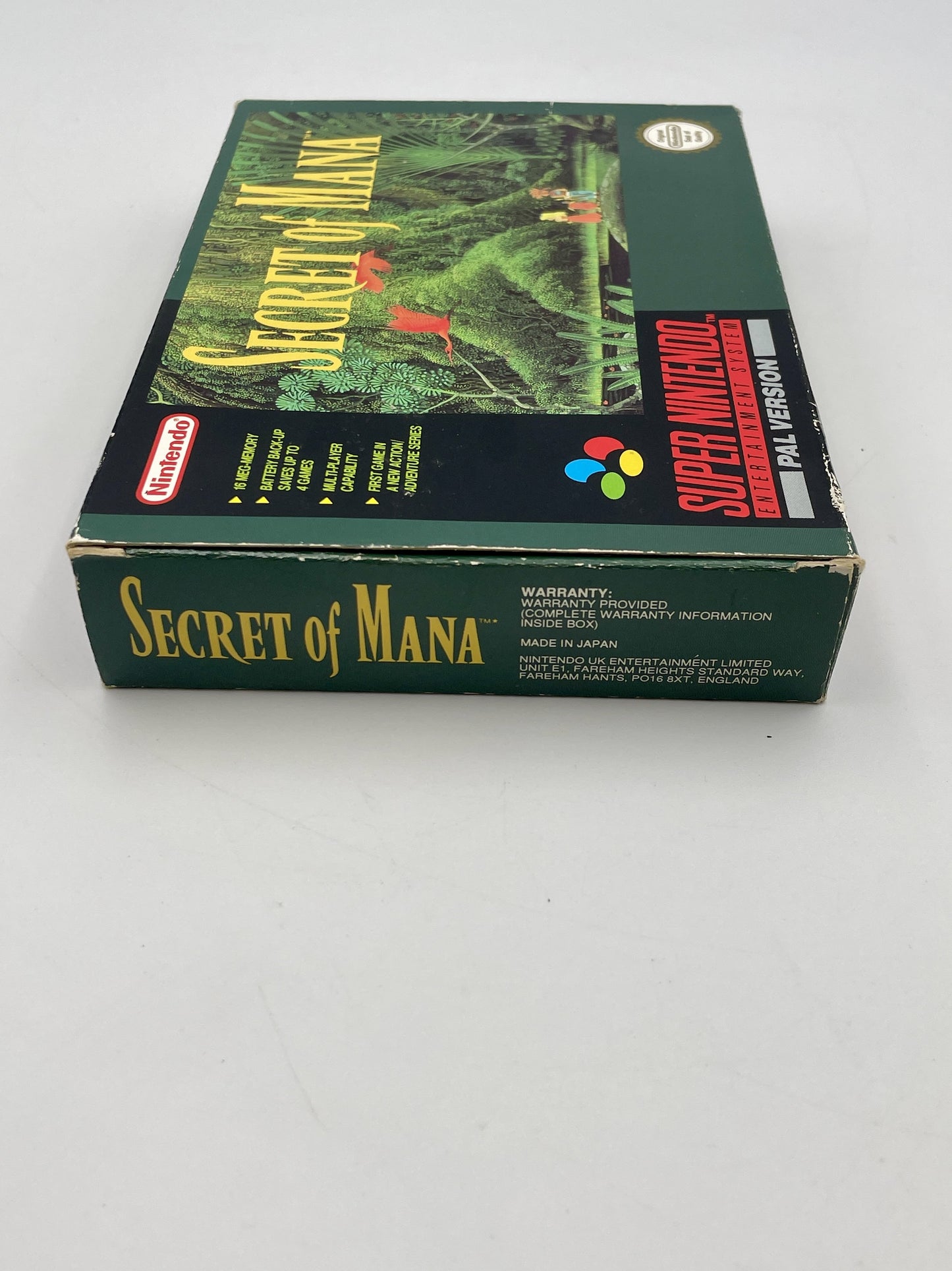 Super Nintendo Entertainment System game box for 'Secret of Mana' on a white background