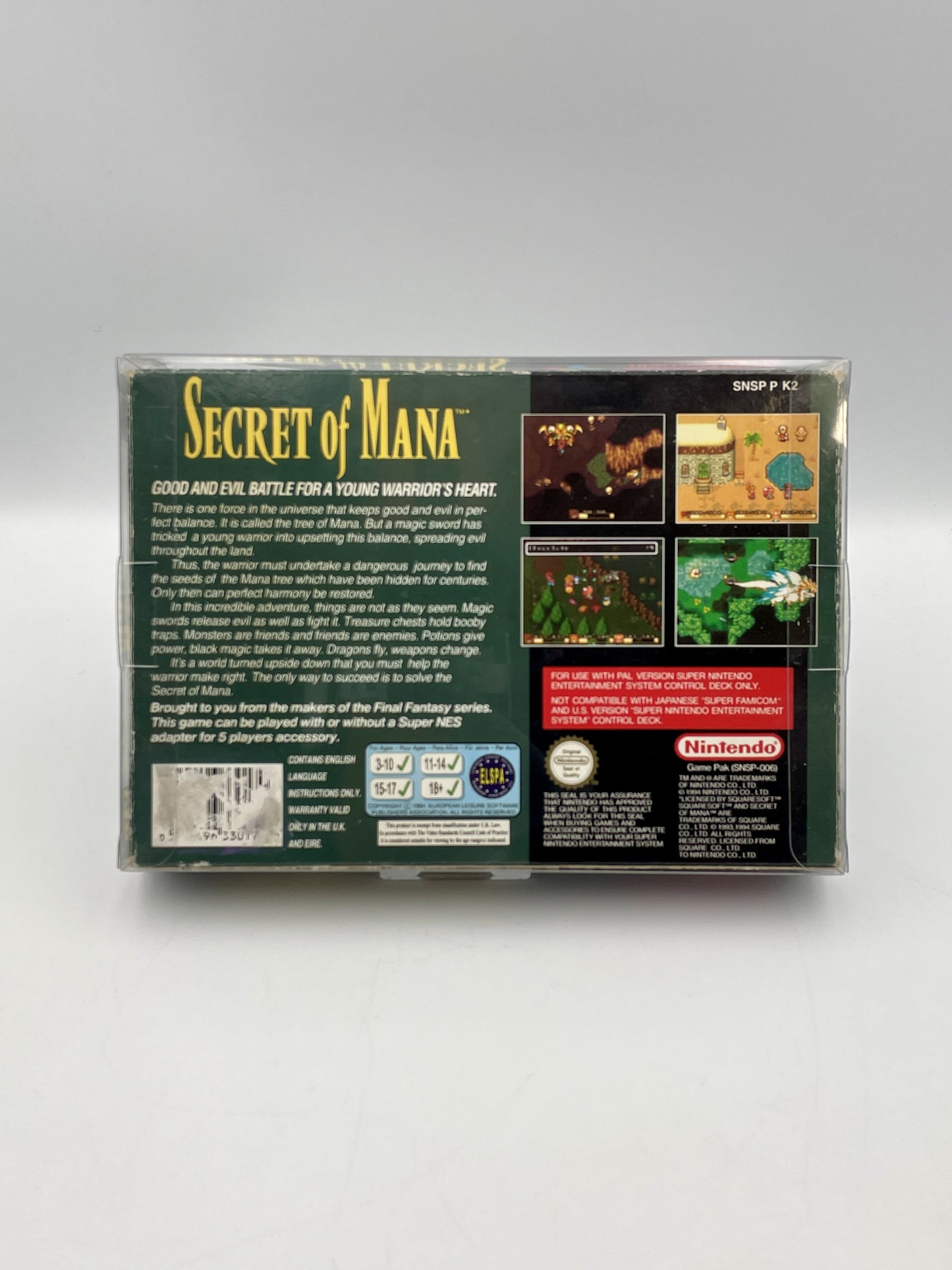 Back of a 'Secret of Mana' game cartridge packaging with text and graphics.