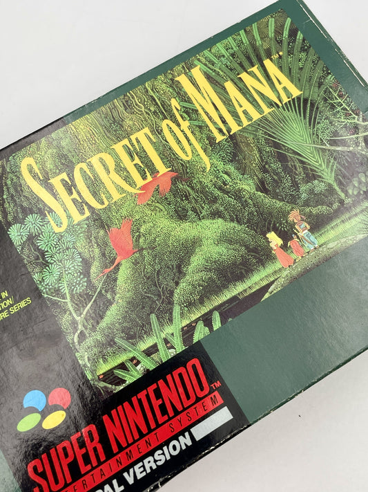 Super Nintendo Entertainment System game cartridge box for 'Secret of Mana'.