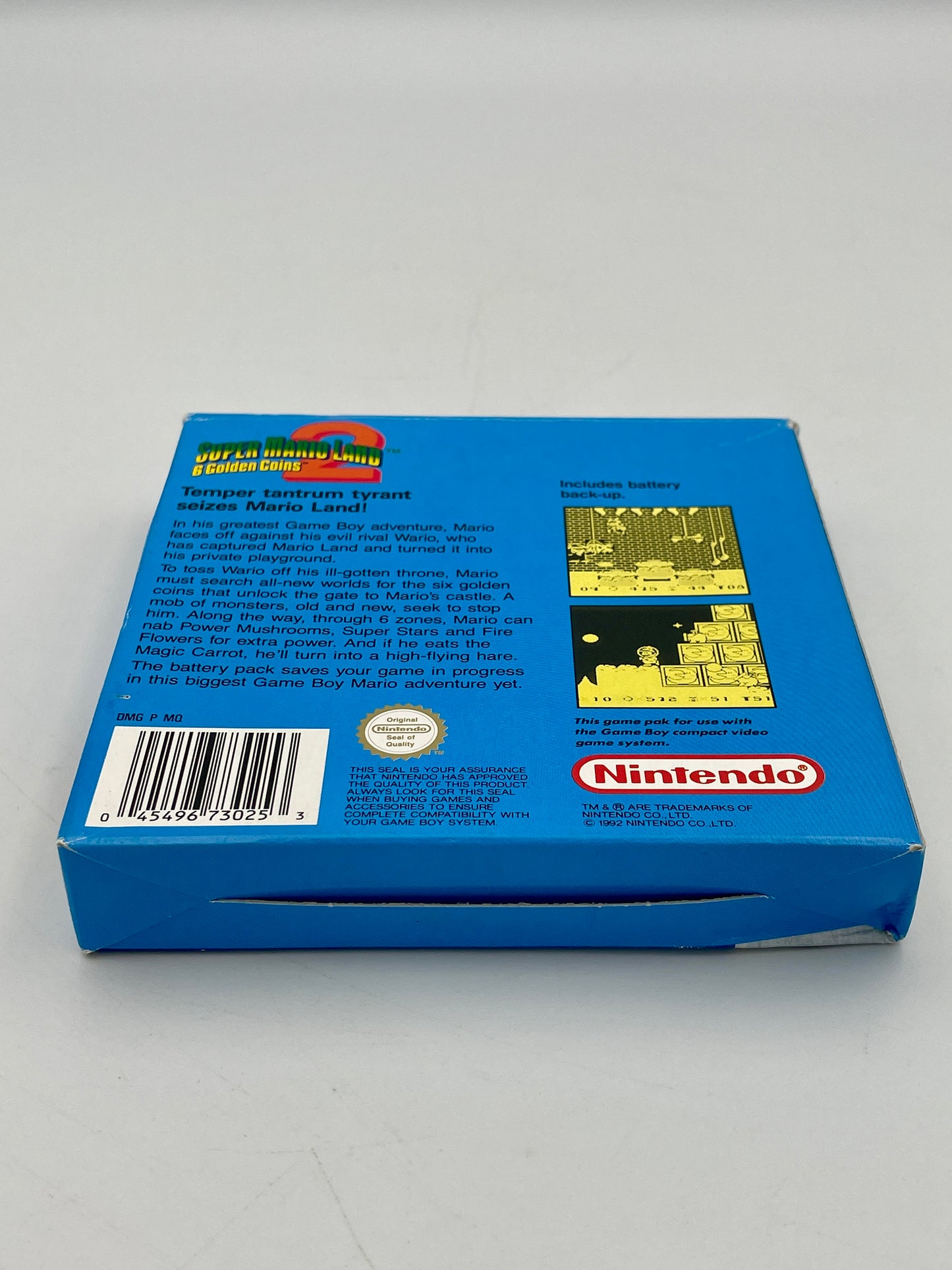 Back view of a blue Nintendo game cartridge packaging with text and logo.