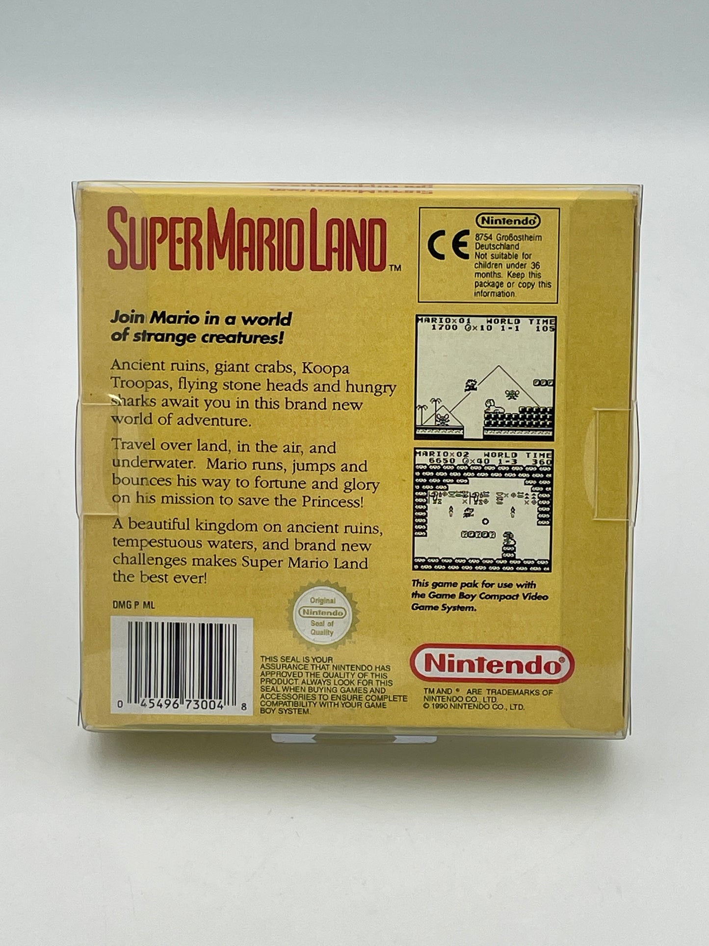 Super Mario Land game box with text and graphics on a white background