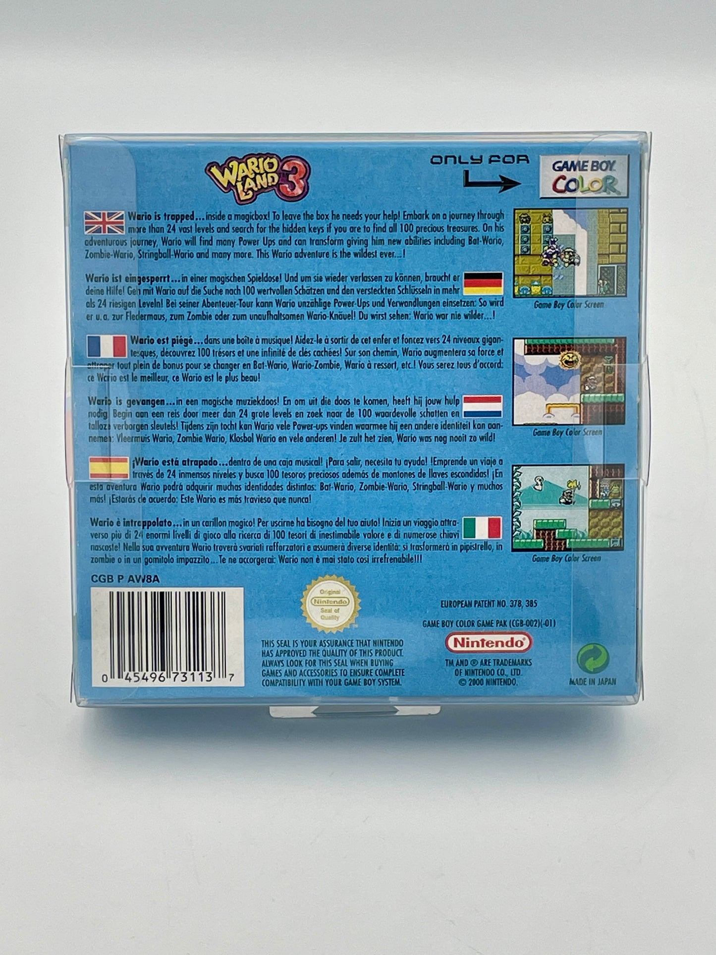 Back of a Game Boy Color game case for 'Wario Land 3' with text and graphics.