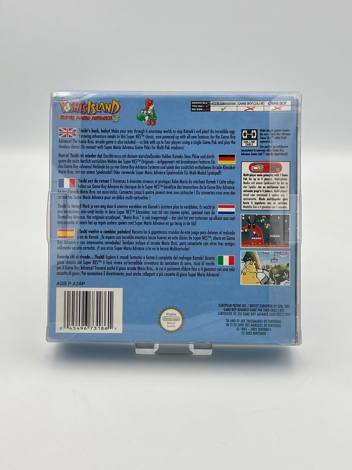 Back cover of a video game case with text and graphics on a gray background