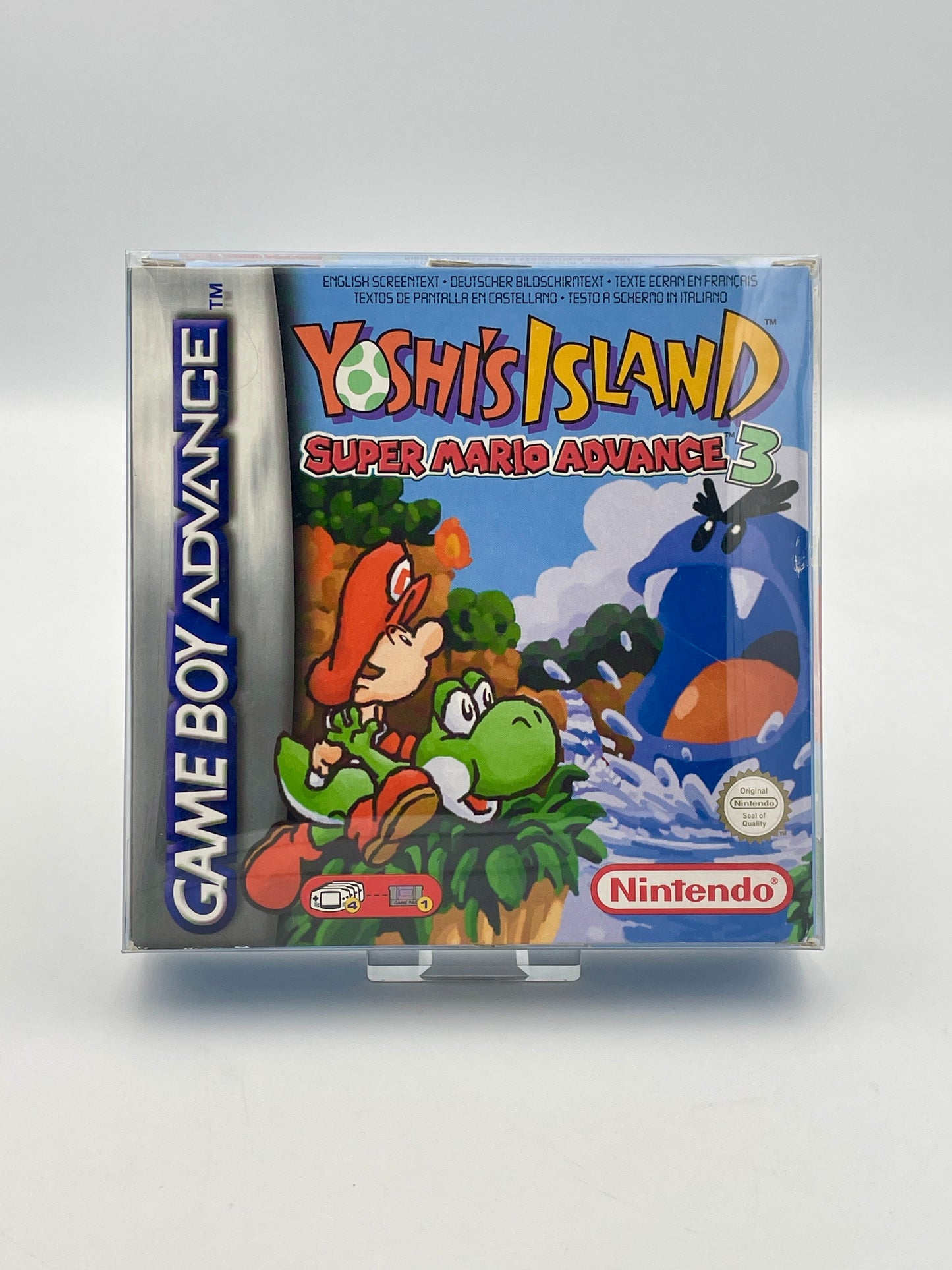 Game Boy Advance cartridge for 'Yoshi's Island: Super Mario Advance 3' on a gray background