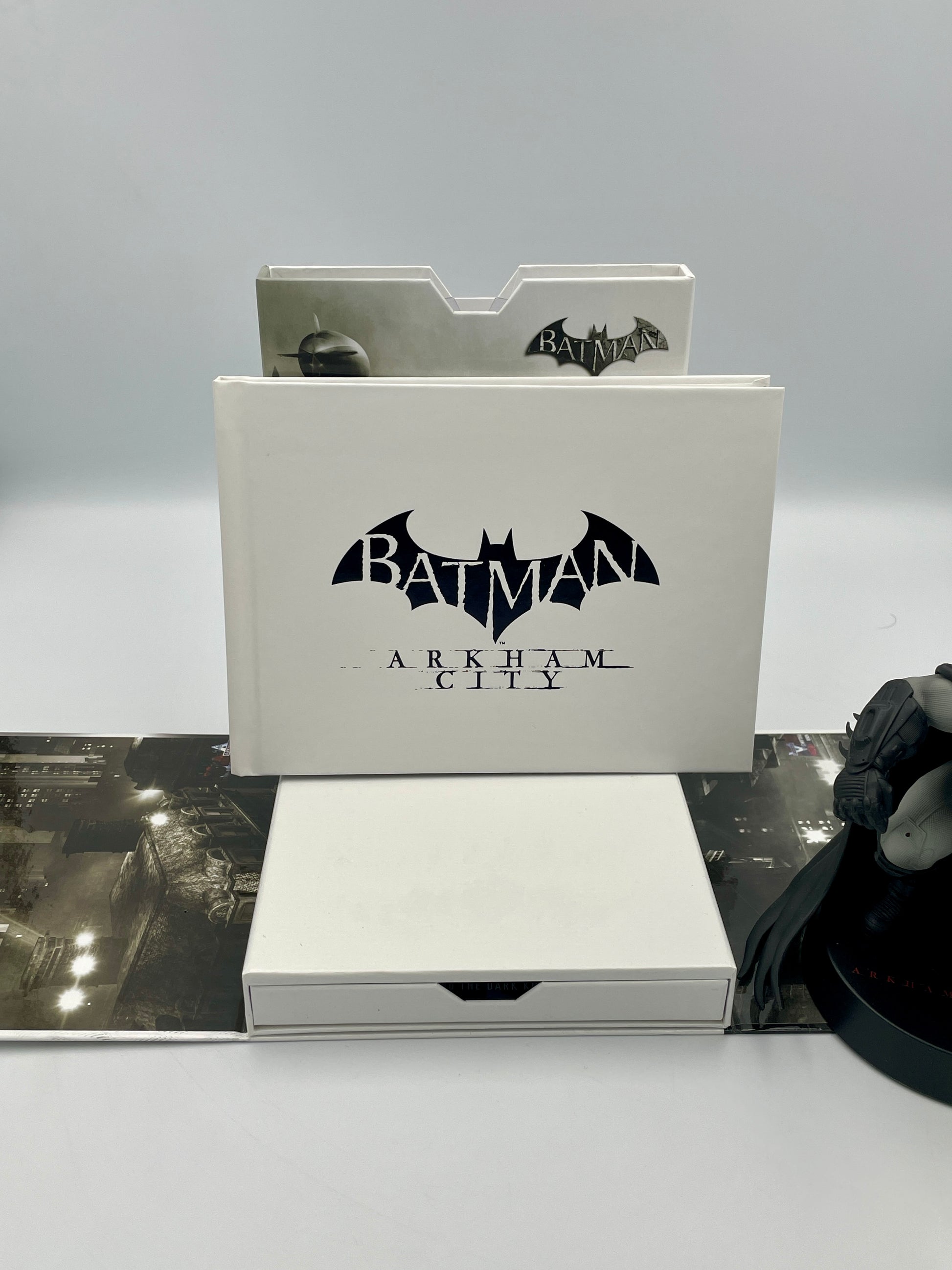Batman Arkham City game case with logo on a reflective surface