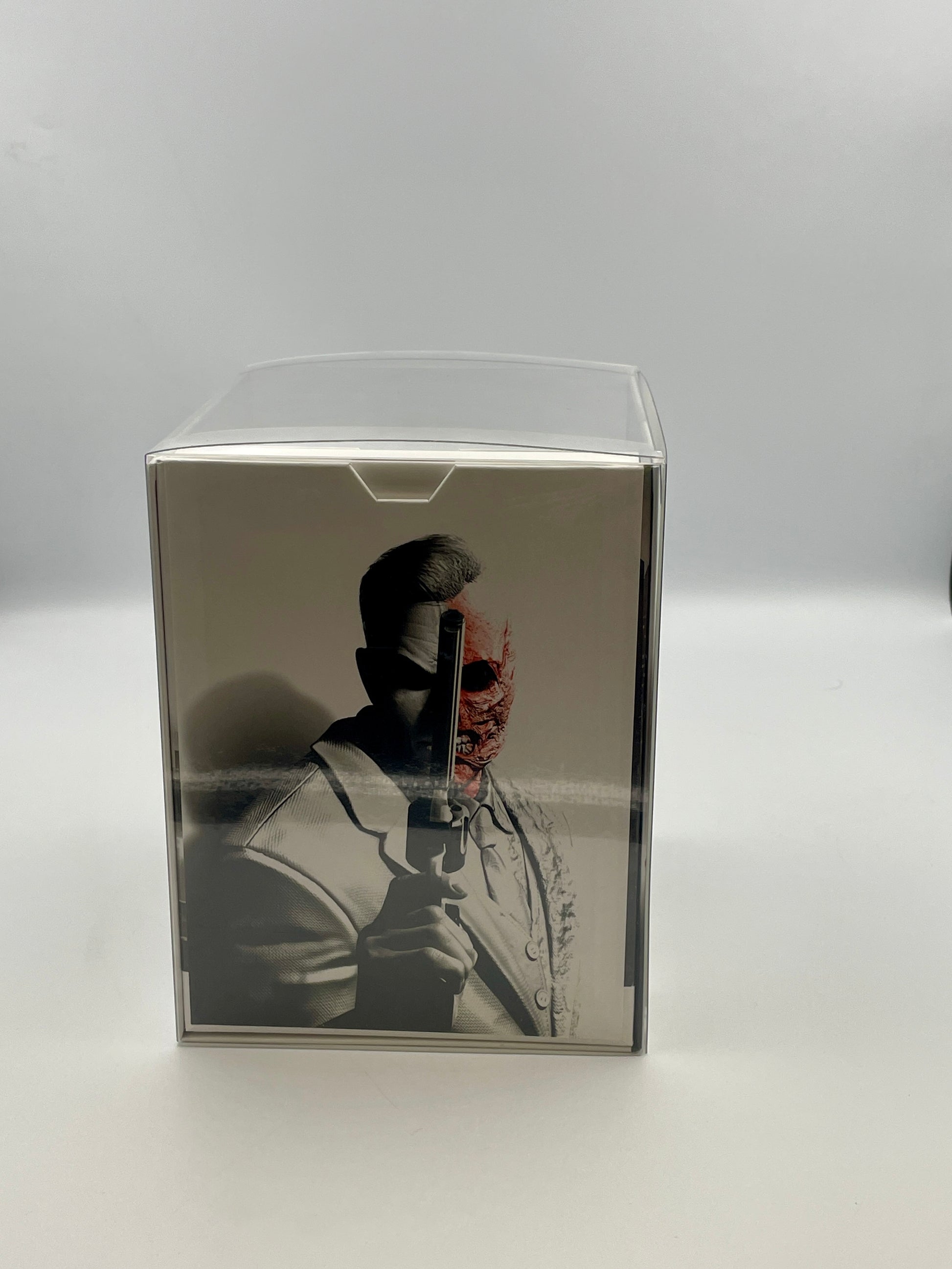 Product packaging with a person holding a gun on a white background