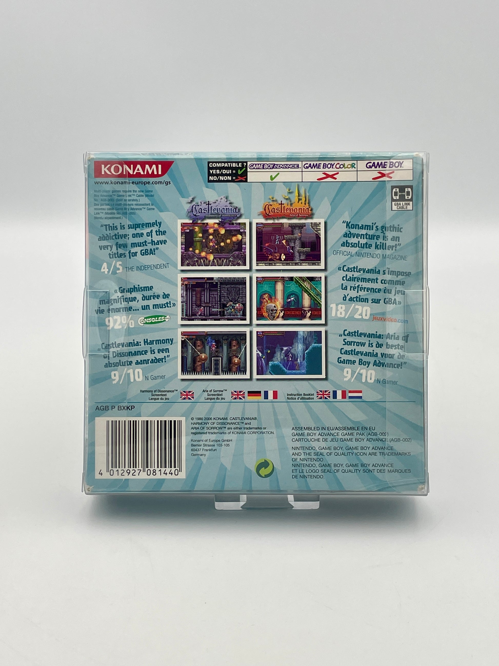 Back view of a Konami game case with multiple game screenshots and text on a gray background