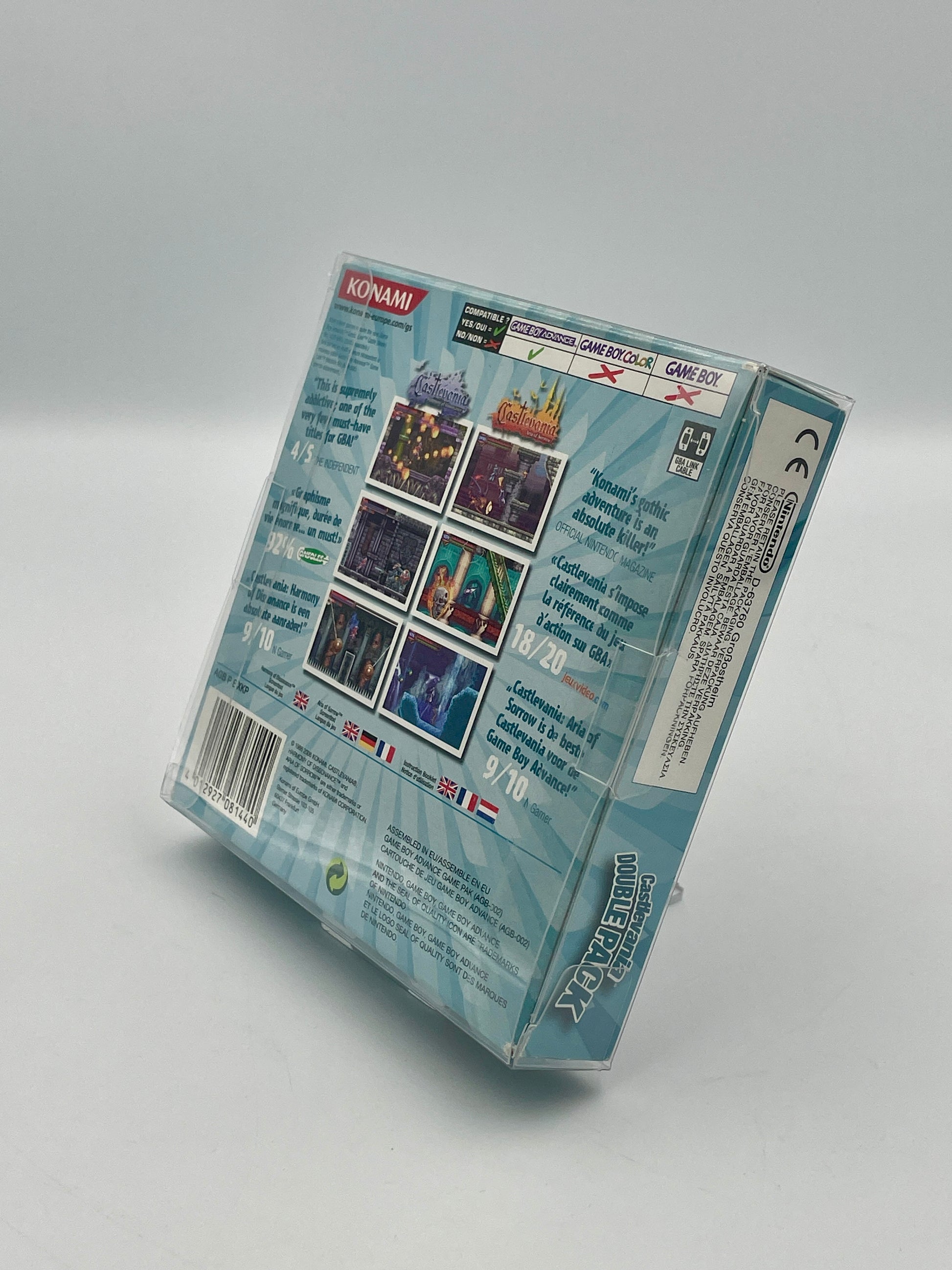 Back view of a video game case with Konami branding on a gray background