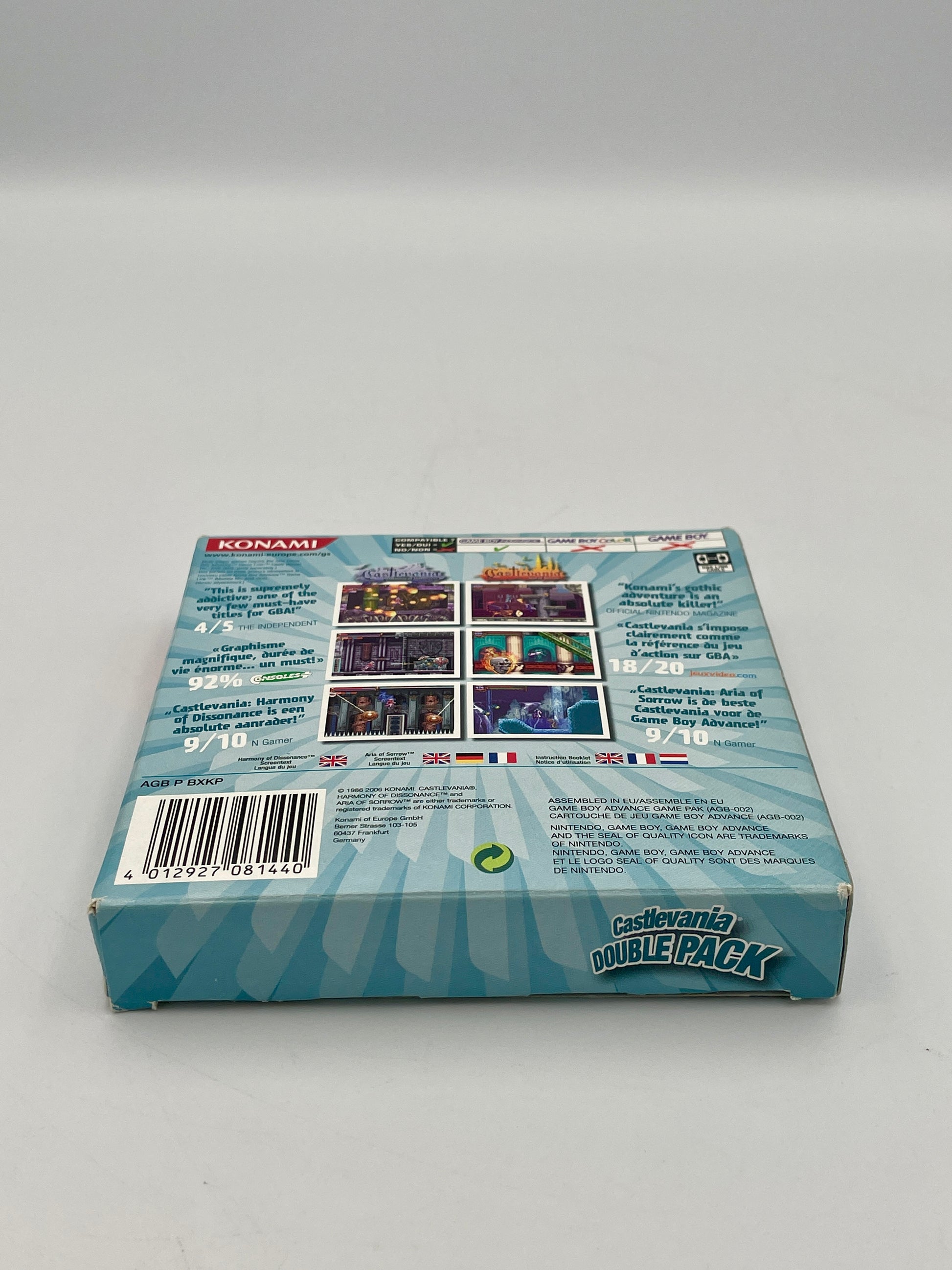 Back view of a Konami Cadaverania Double Pack game box on a gray background