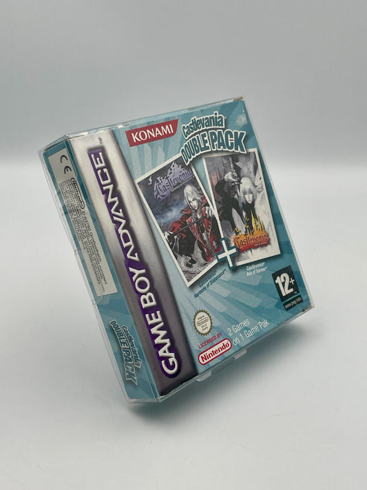 Game Boy Advance game cartridge packaging for 'Castlevania Double Pack' by Konami on a gray background