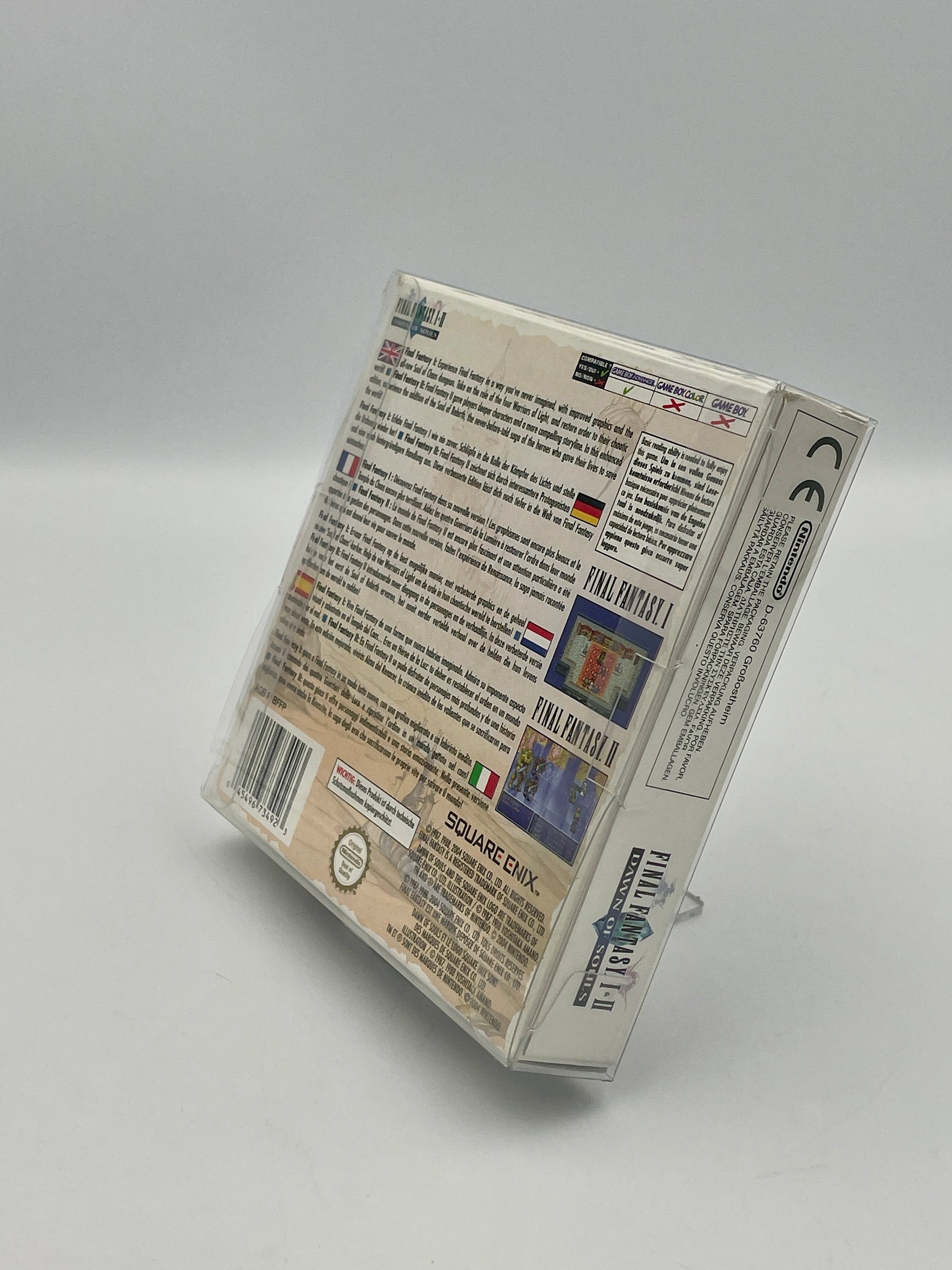 Back of a game case with text and graphics on a gray background