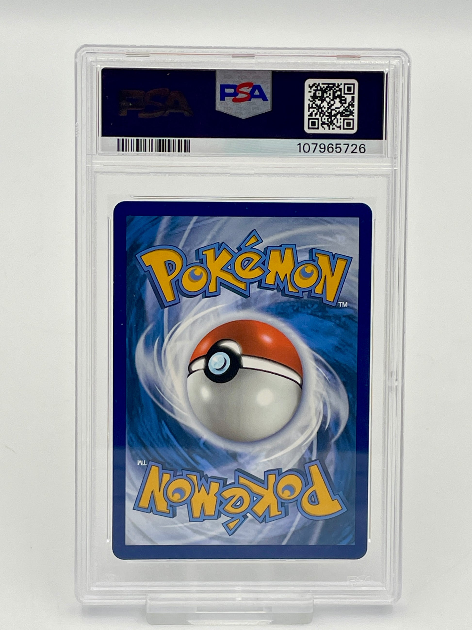 Pokémon trading card in a PSA protective case with a blue border and Pokéball graphic.