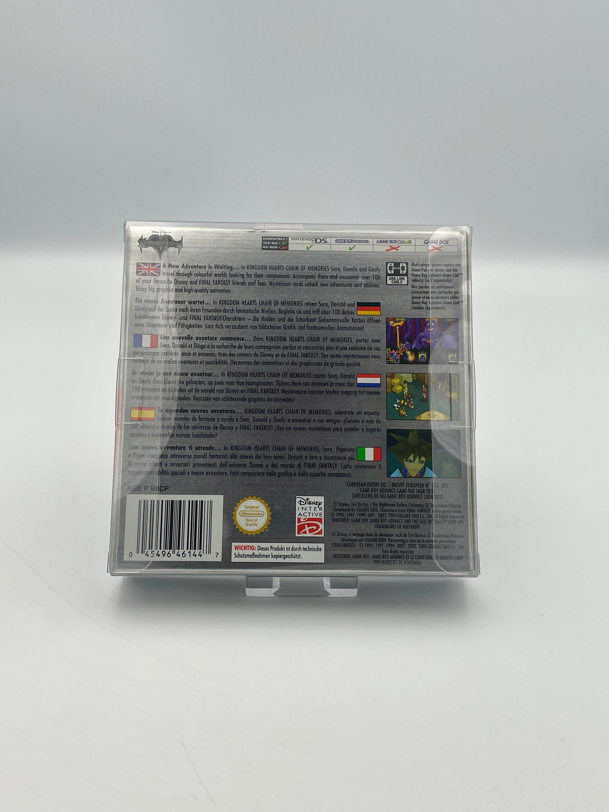 Back view of a Game Boy Advance game case with text and graphics on a white background
