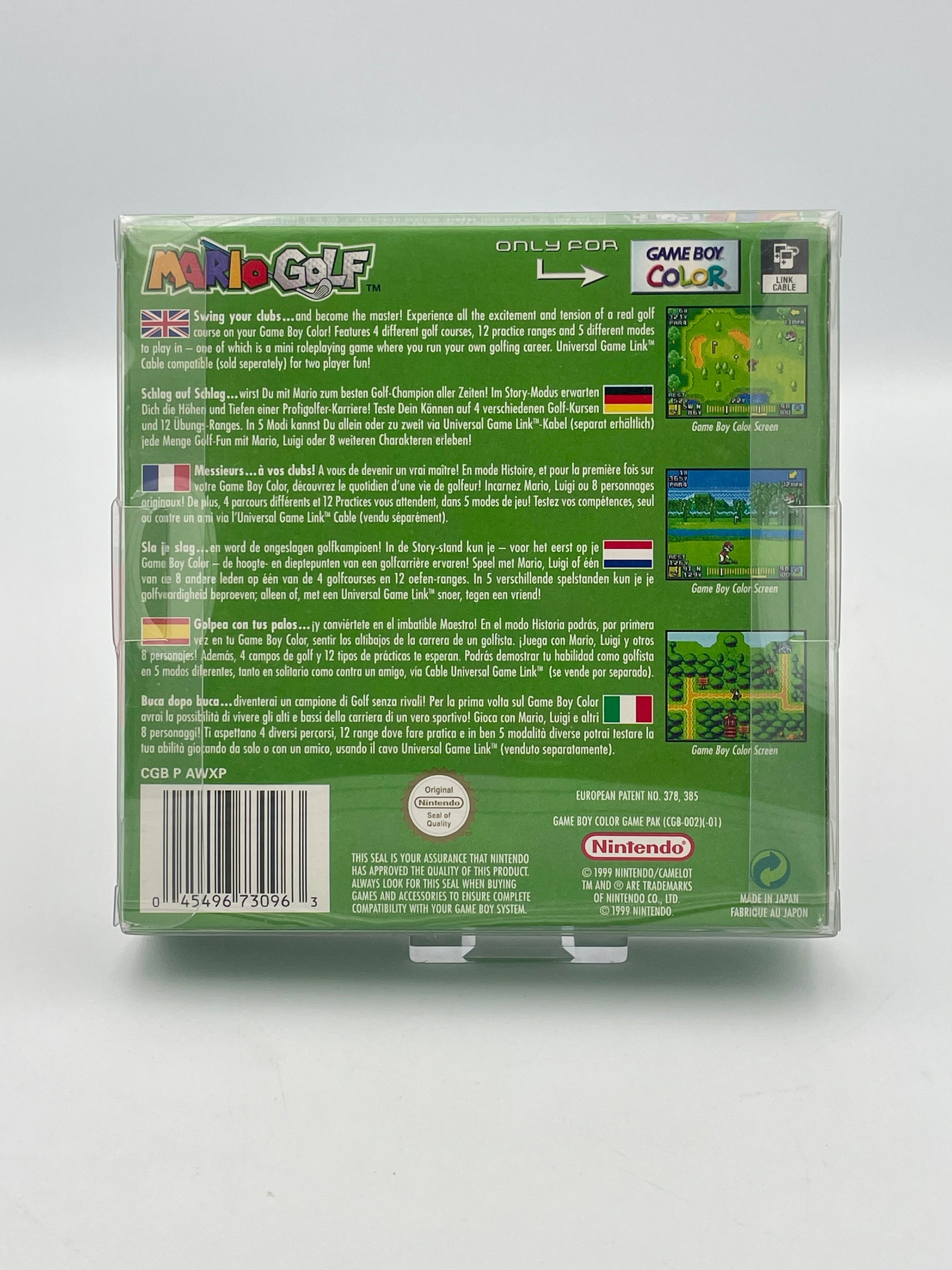 Back view of a Mario Golf game cartridge packaging on a white background