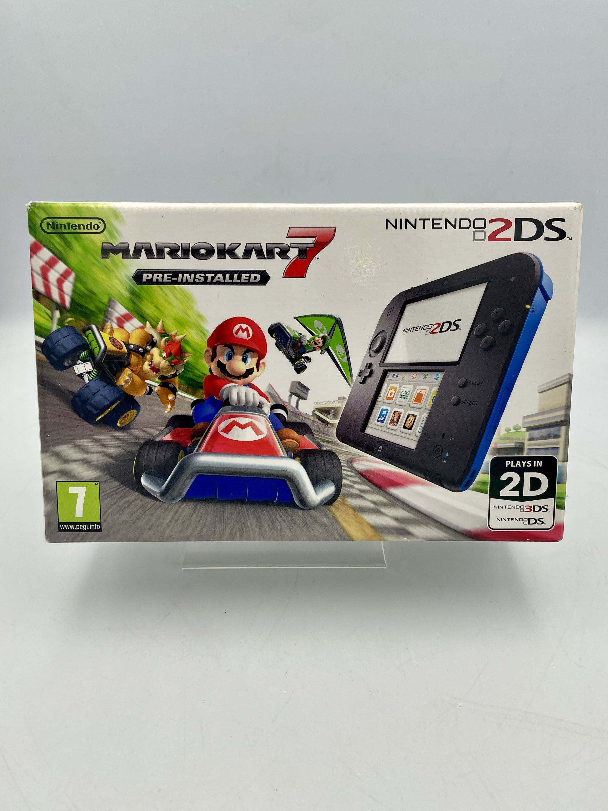 Nintendo 2DS gaming console with Mario Kart 7 pre-installed on a white background