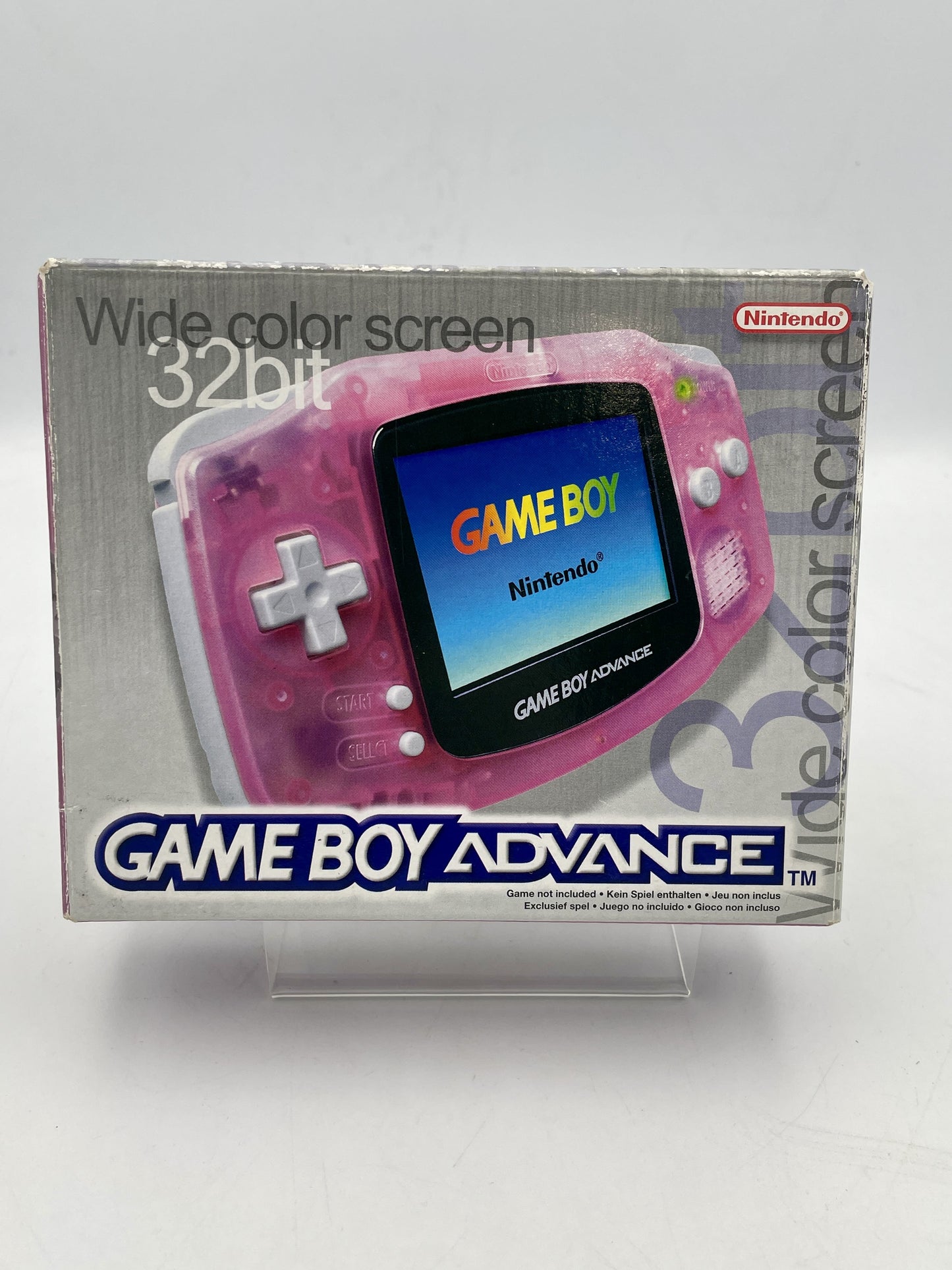 Pink Game Boy Advance console packaging with screen display on a gray background