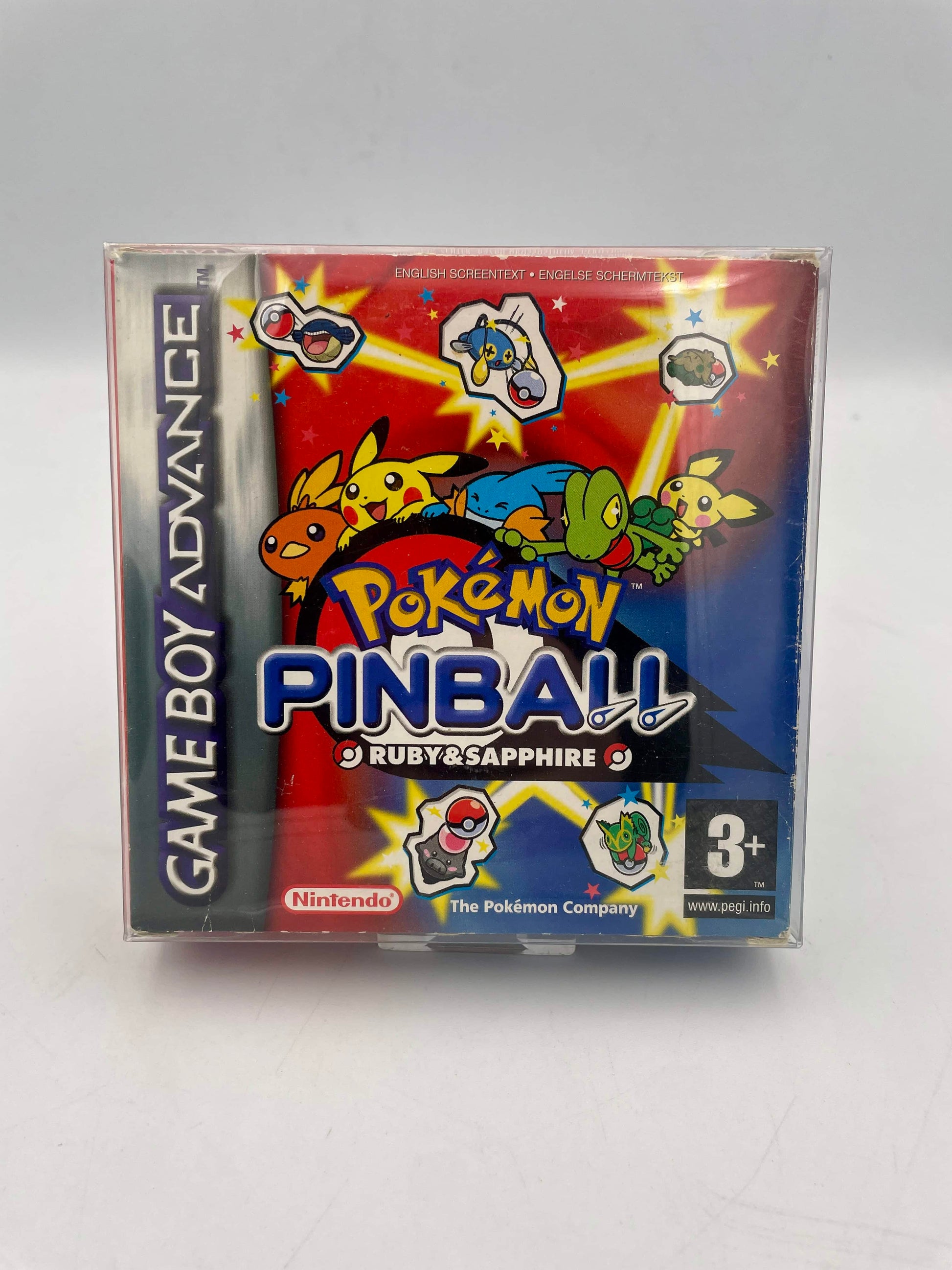 Pokémon Pinball Ruby & Sapphire Game Boy Advance game case on a white background