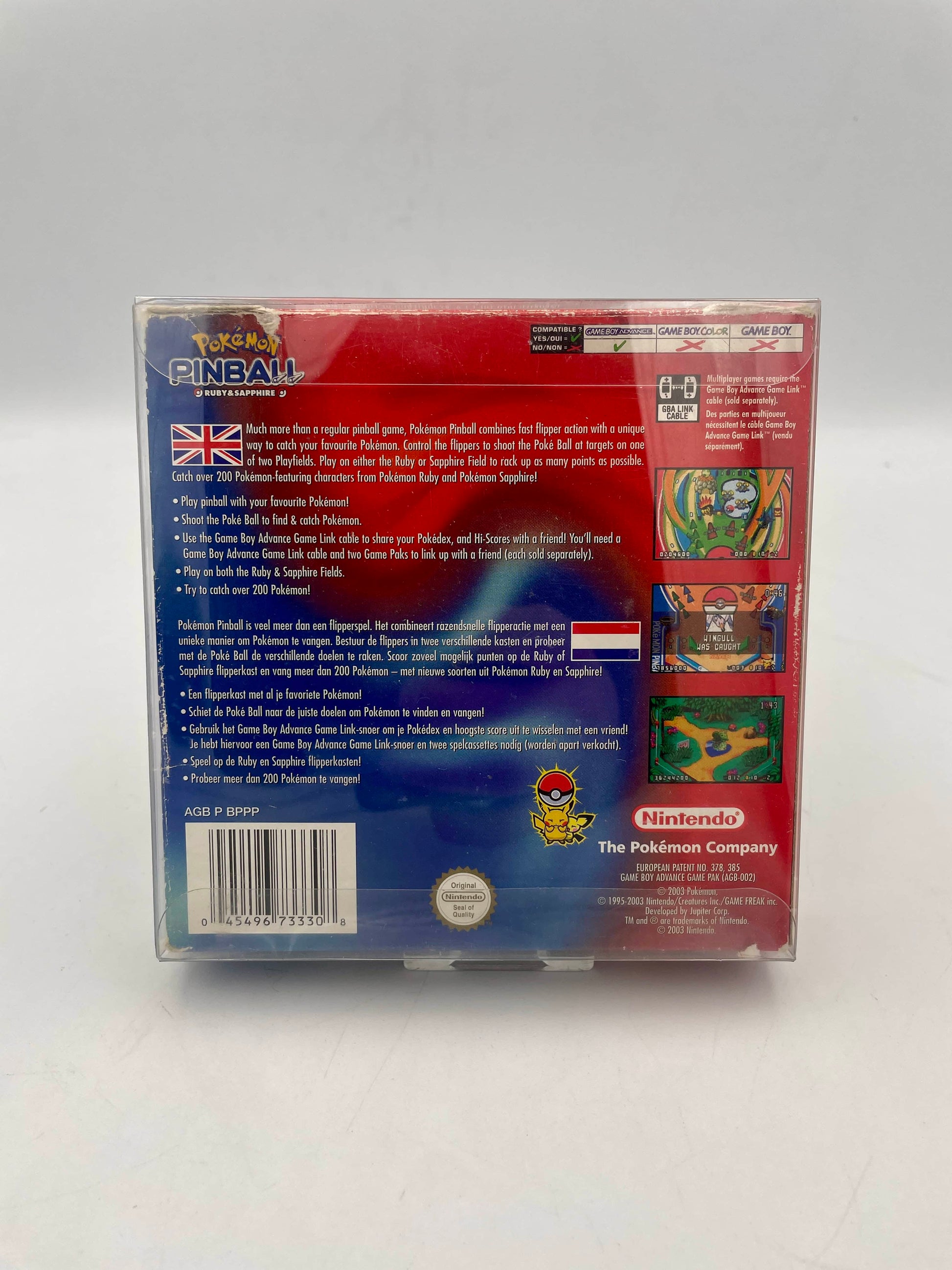 Back view of a Pokémon trading card game packaging with text and graphics.