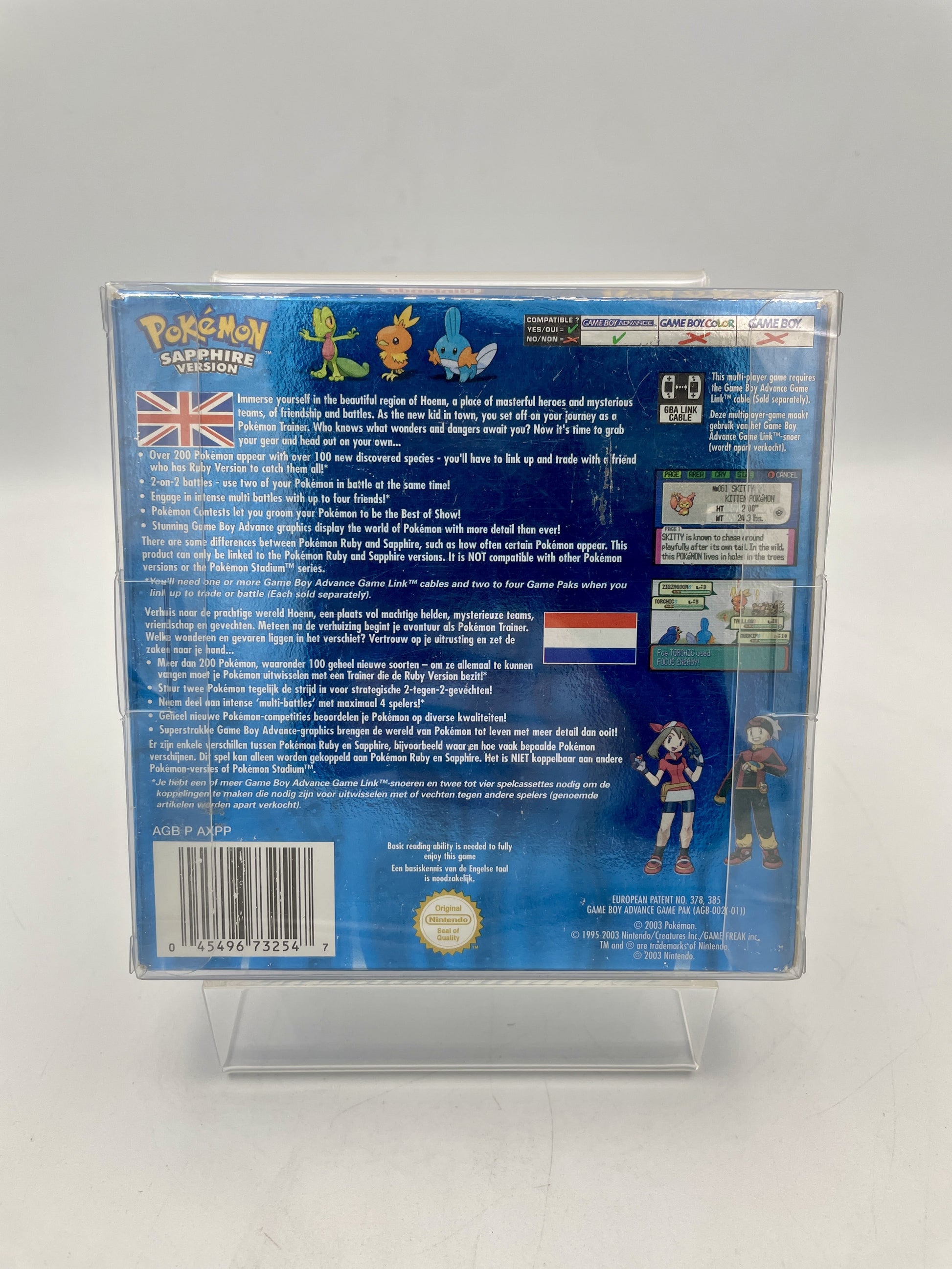 Pokémon Sapphire game case with branding and graphics on a gray background