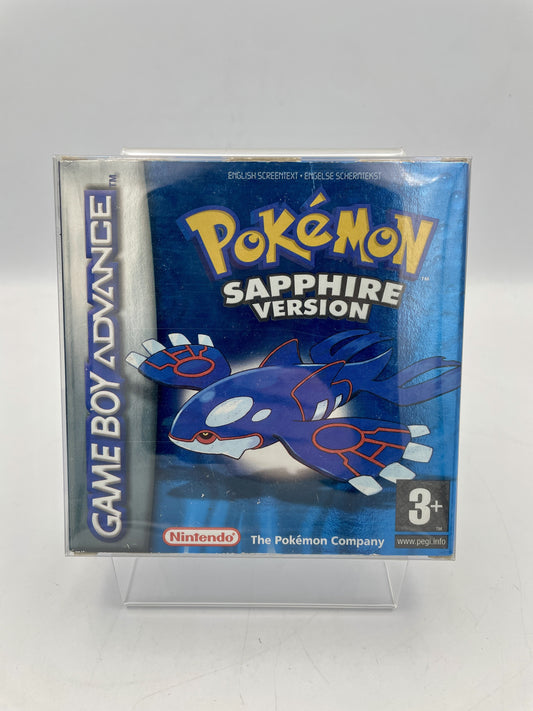 Pokémon Sapphire Version Game Boy Advance packaging on a stand