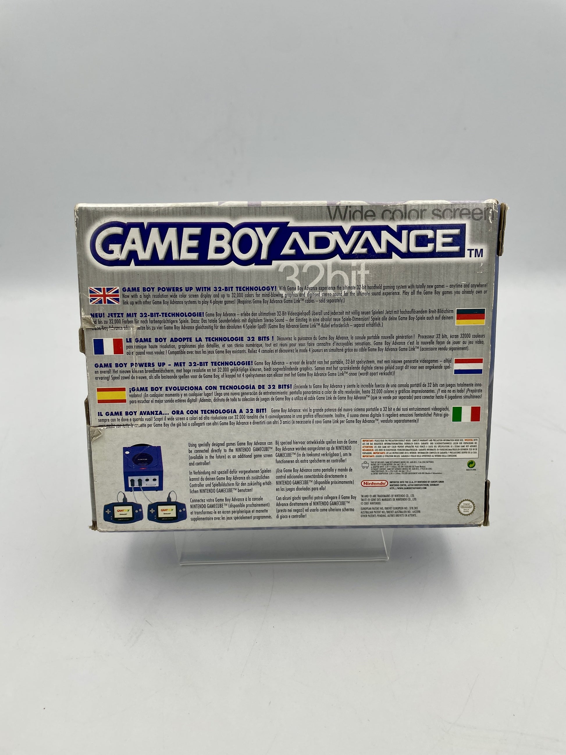 Back view of a Game Boy Advance packaging with text and logos on a white background