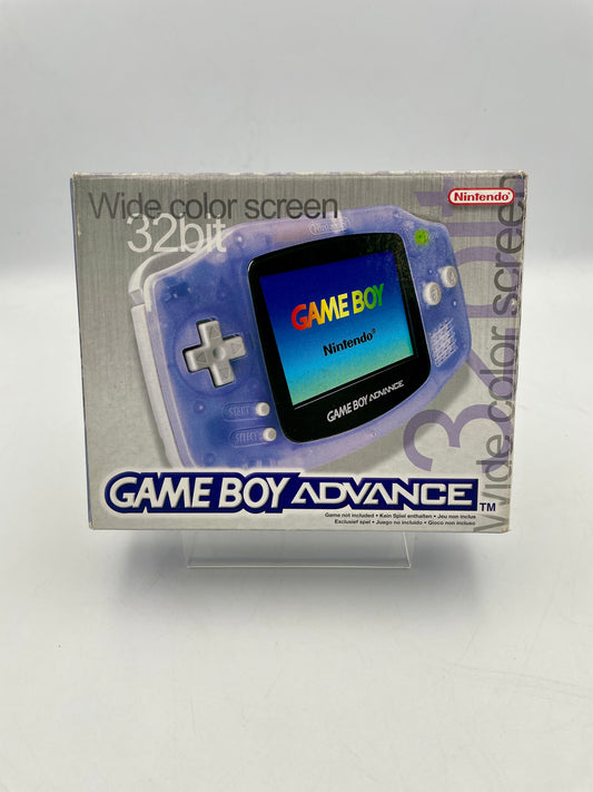 Nintendo Game Boy Advance Clear Purple Complete in Box – authentic transparent purple GBA handheld console with original box and inserts.
