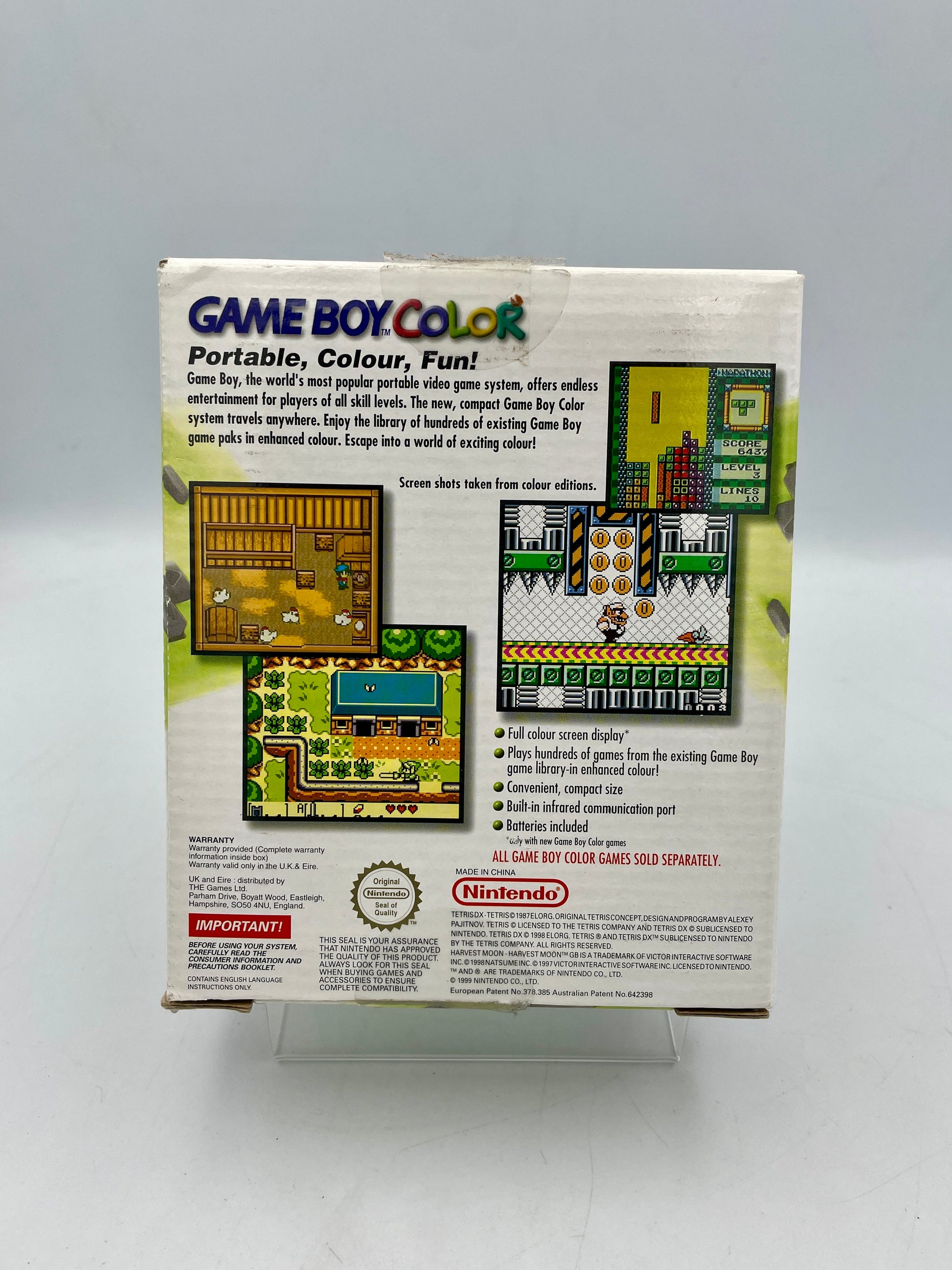 Back view of a Game Boy Color packaging with text and graphics on a white background