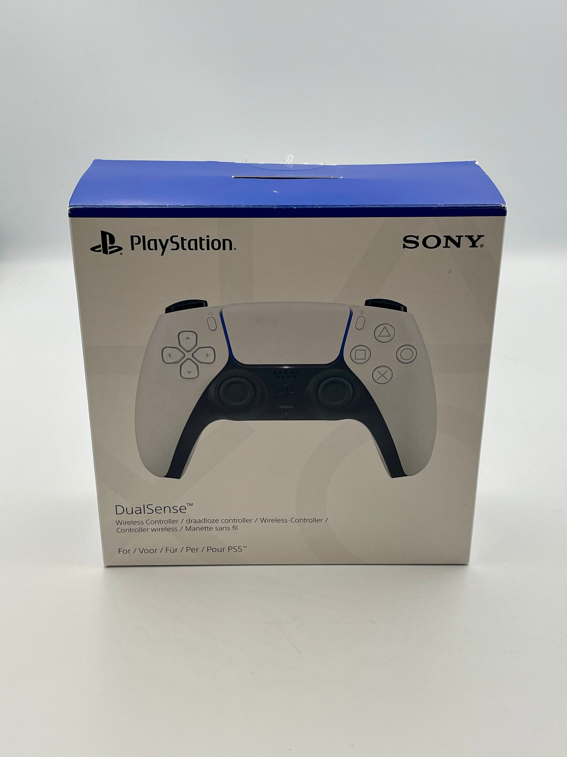 PlayStation DualSense controller packaging with Sony branding on a white background
