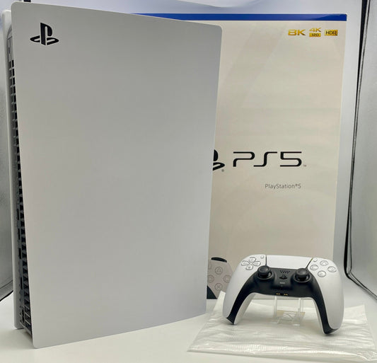 PlayStation 5 console and controller on a white background