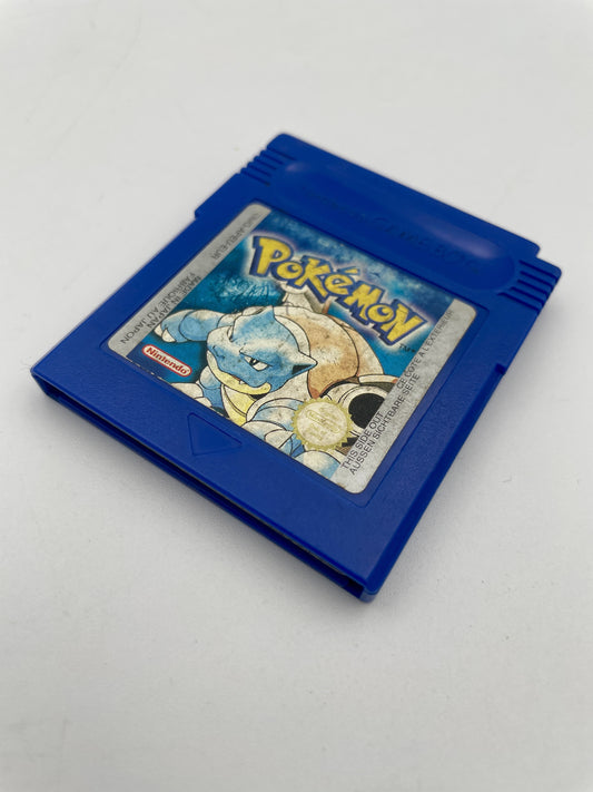 Blue Game Boy cartridge with a Pokémon logo on a white background
